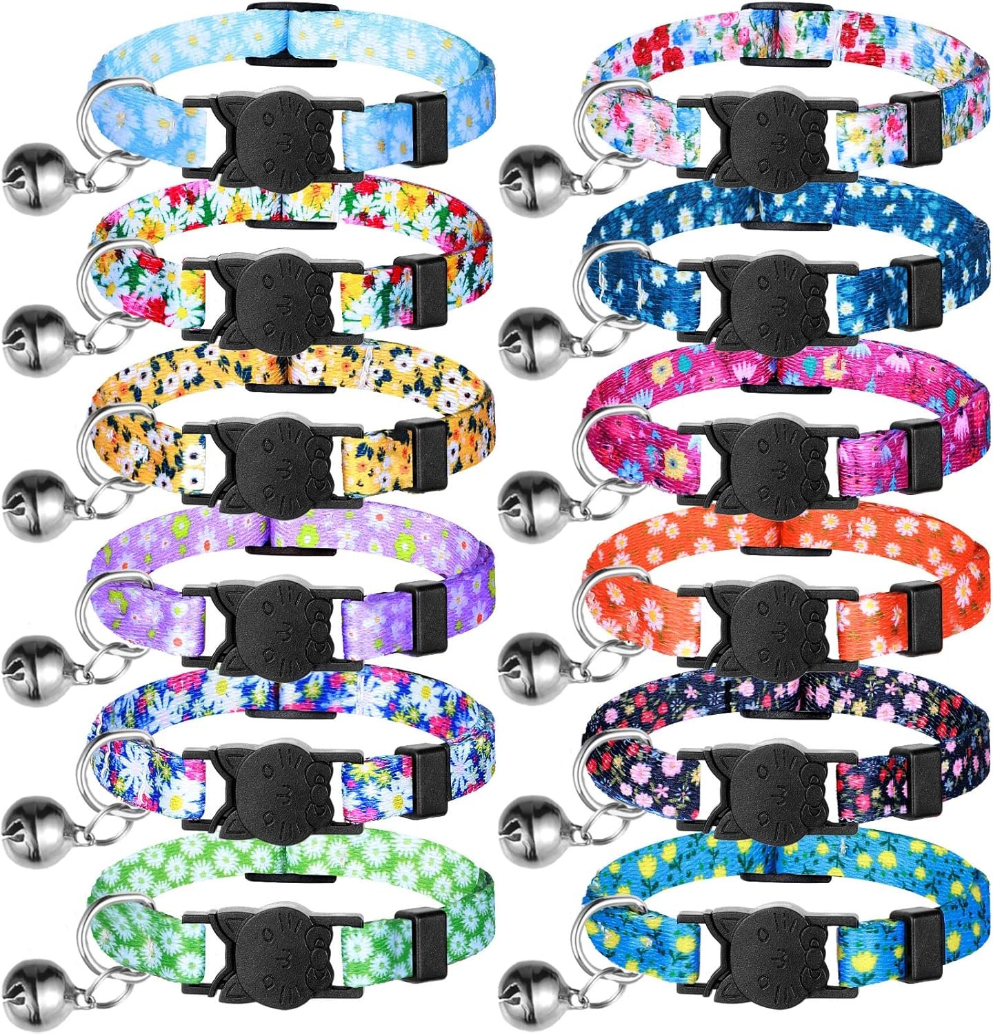 12-Pack Cute Flower Cat Collars with Safety Bells - Summer Collection