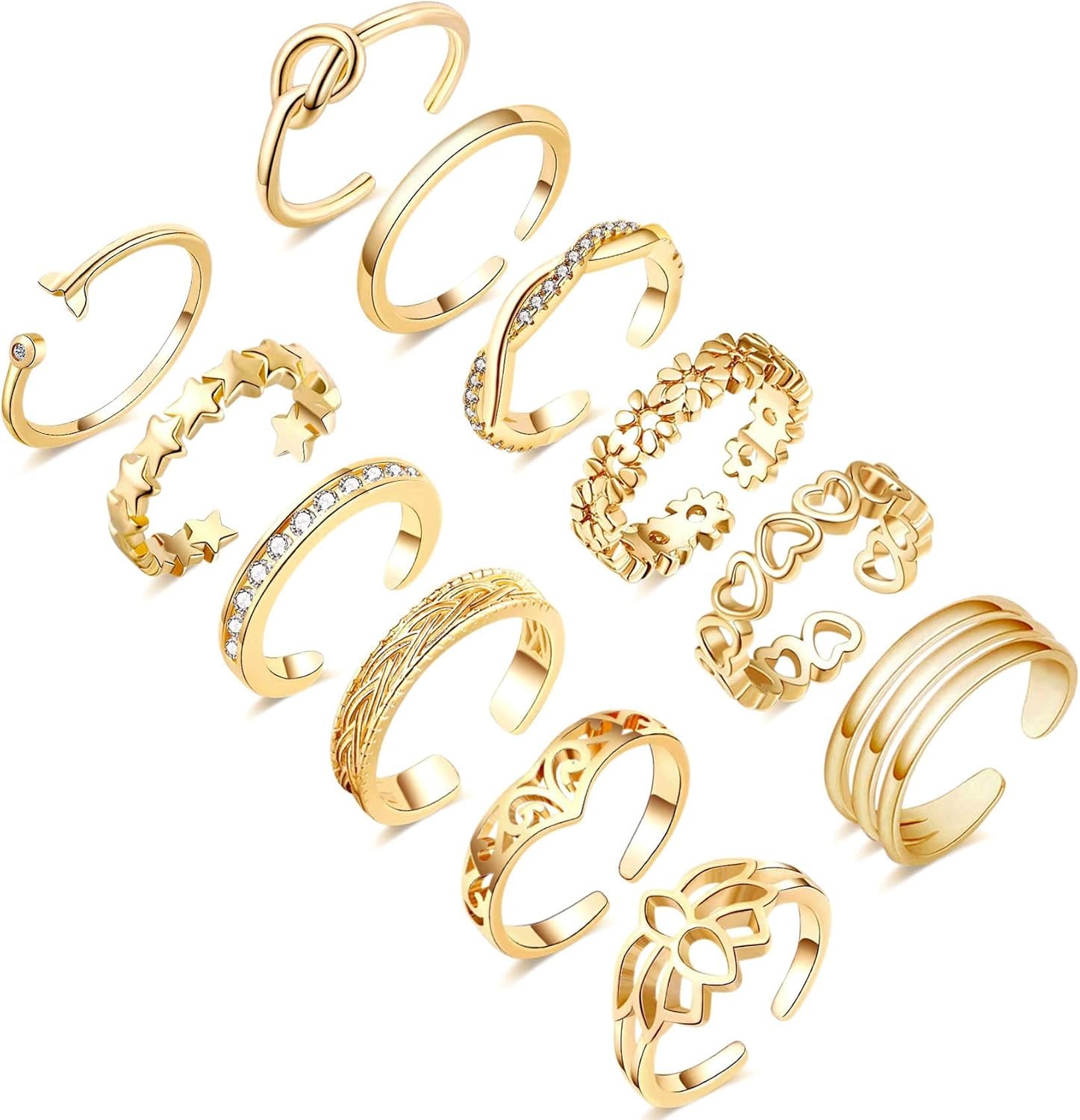 12pc Adjustable CZ Toe Rings - Gold/Silver Beach Sparkle