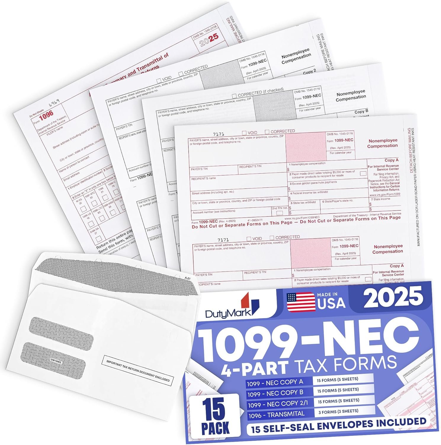 Streamline 2025 Tax Filing: 1099 NEC Forms Kit with Envelopes