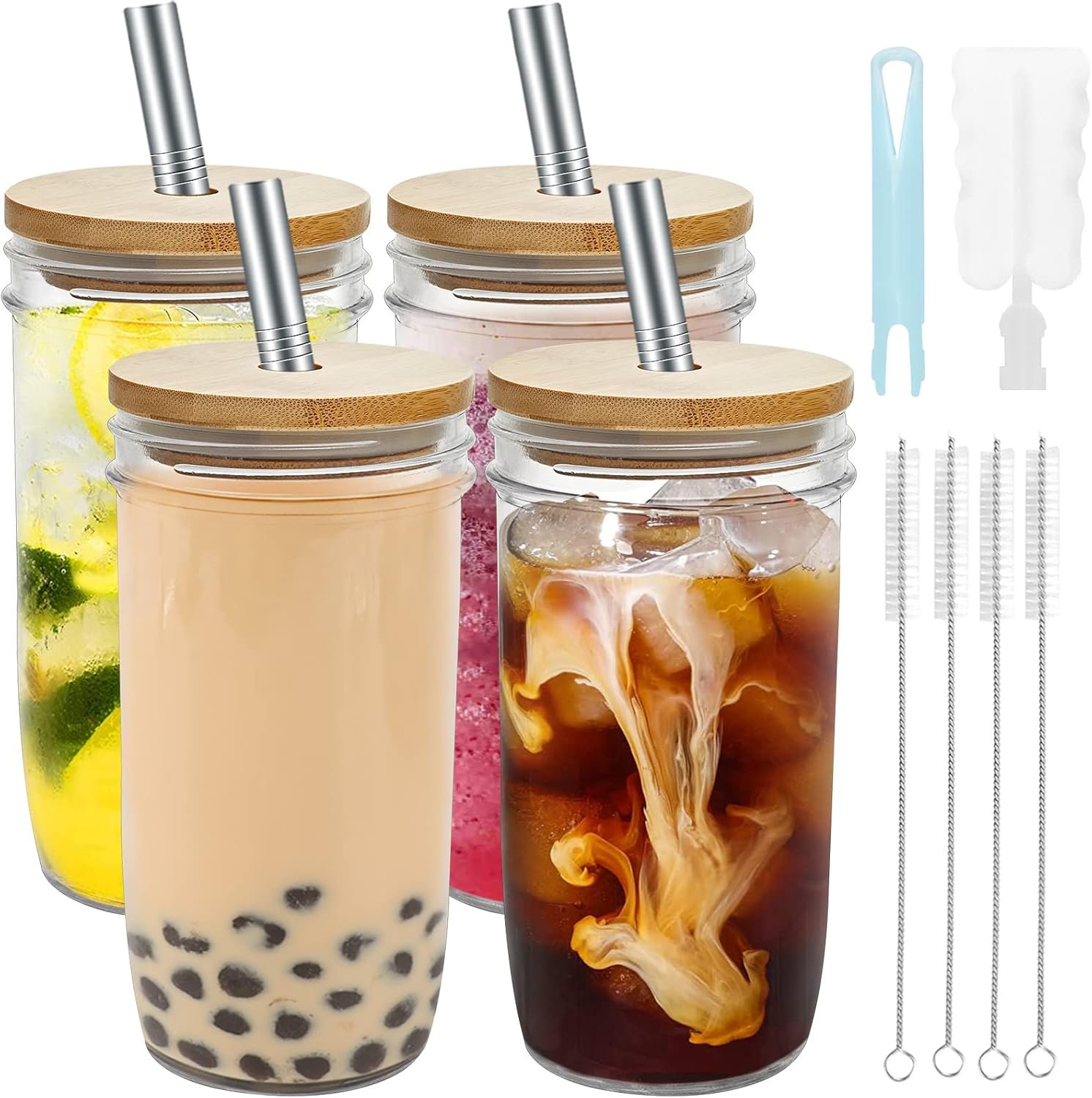 24oz Boba Cup Set: 4 Mason Jars with Lids & Straws