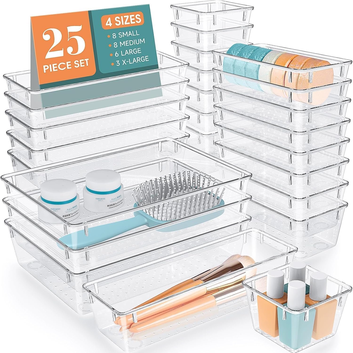 Tame Clutter with 25-Piece Clear Drawer Organizers