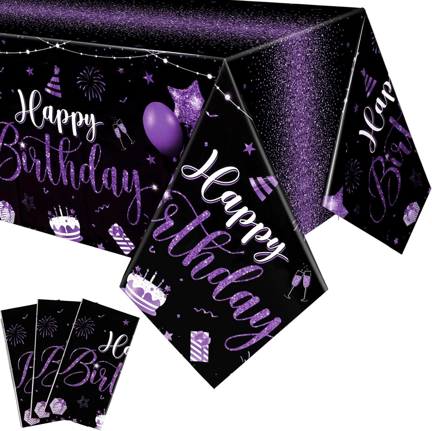 3-Pack Birthday Tablecloths - Black & Purple Party Decor