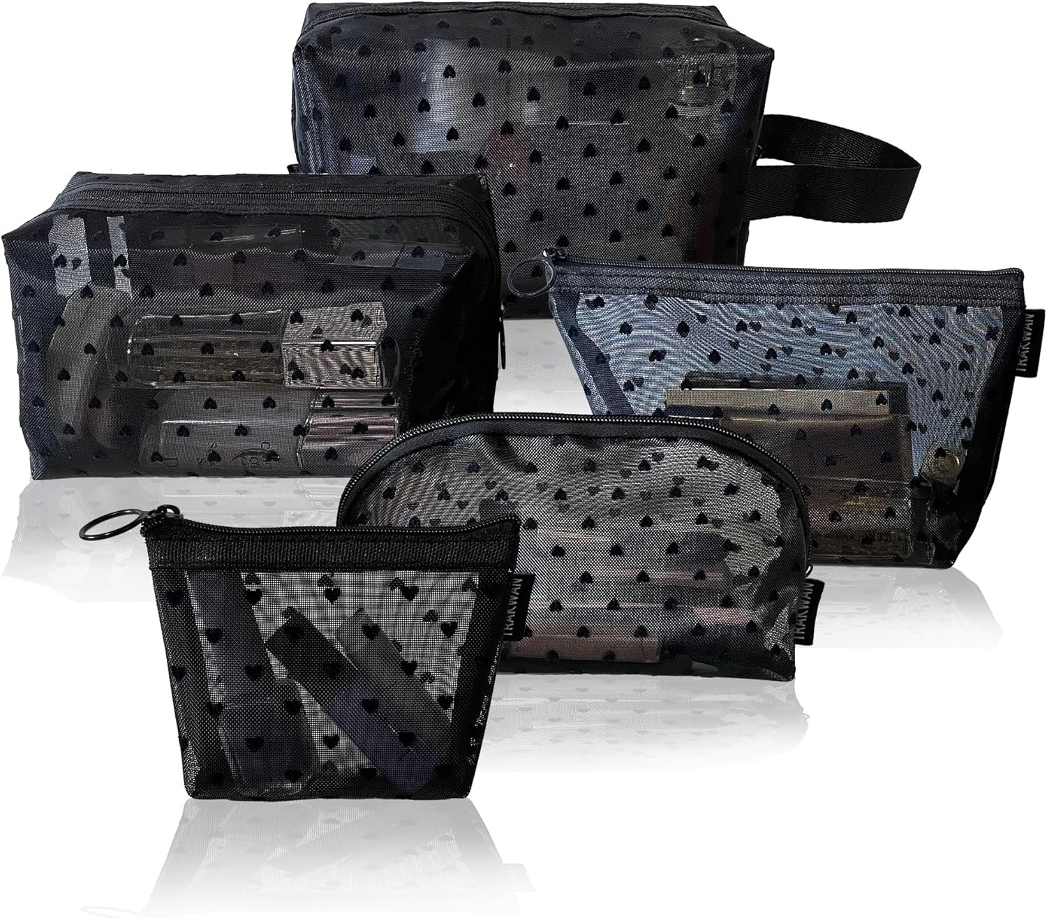 5-Piece Heart Mesh Makeup Bag Set - Travel Organization Made Easy