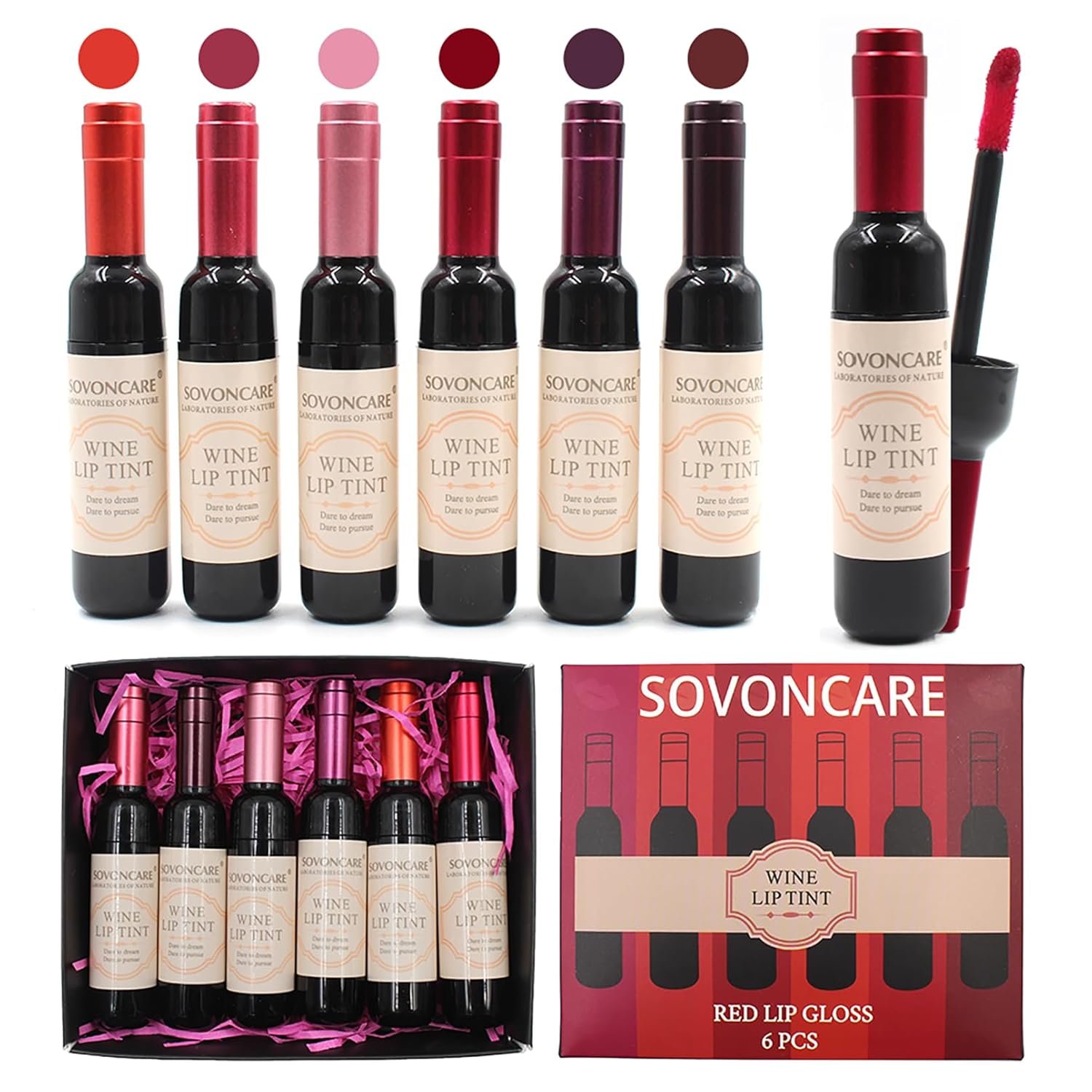 6 Color Wine Lip Tint Set - Long Lasting Waterproof Lip Stains