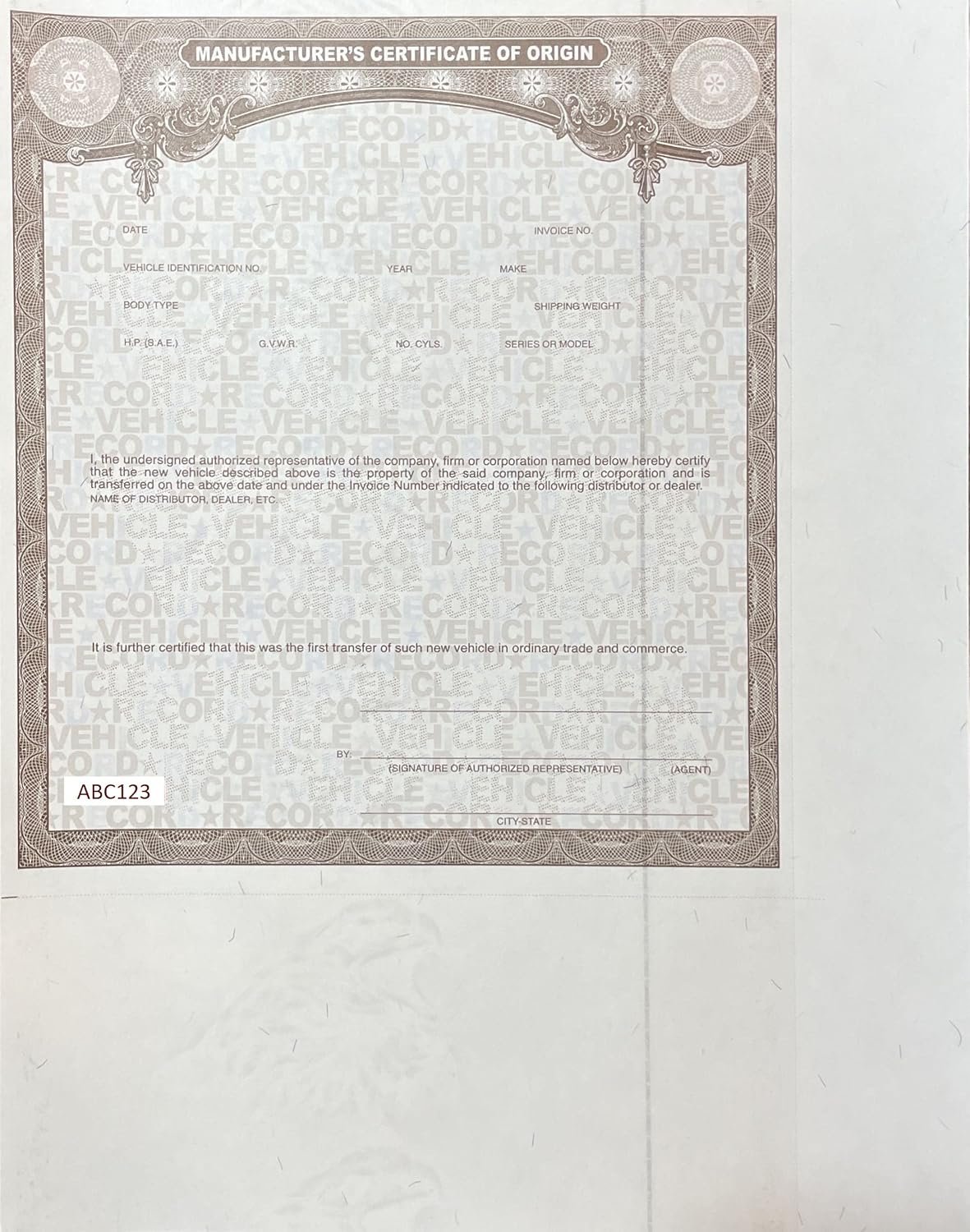 6-Pack Vehicle Origin Documents - Legal MSO/MCO Certificates