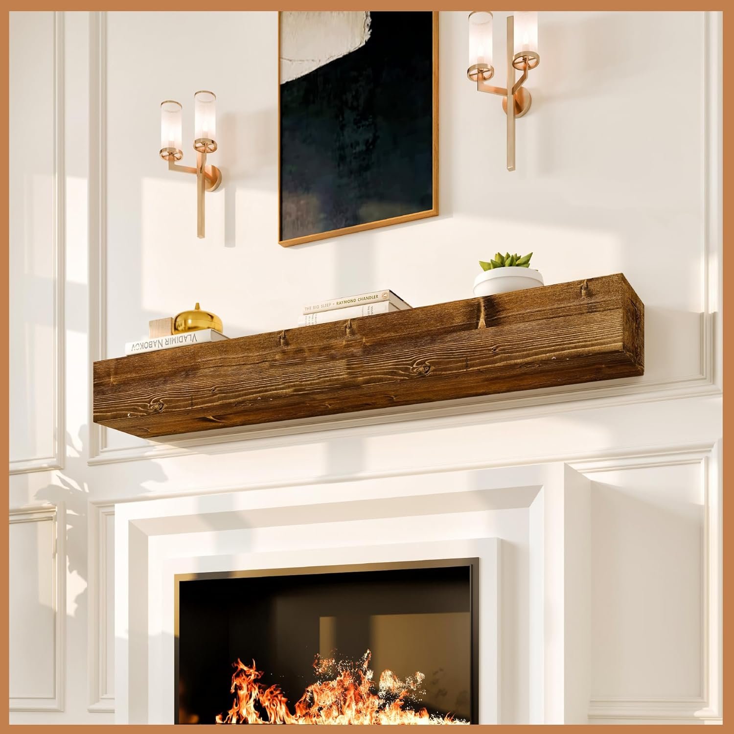 60-Inch Rustic Fireplace Mantel – Handcrafted Floating Pine Shelf