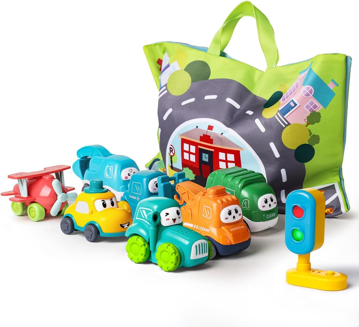 8 Mini Crane Cars & Playmat: Toddler Build Fun