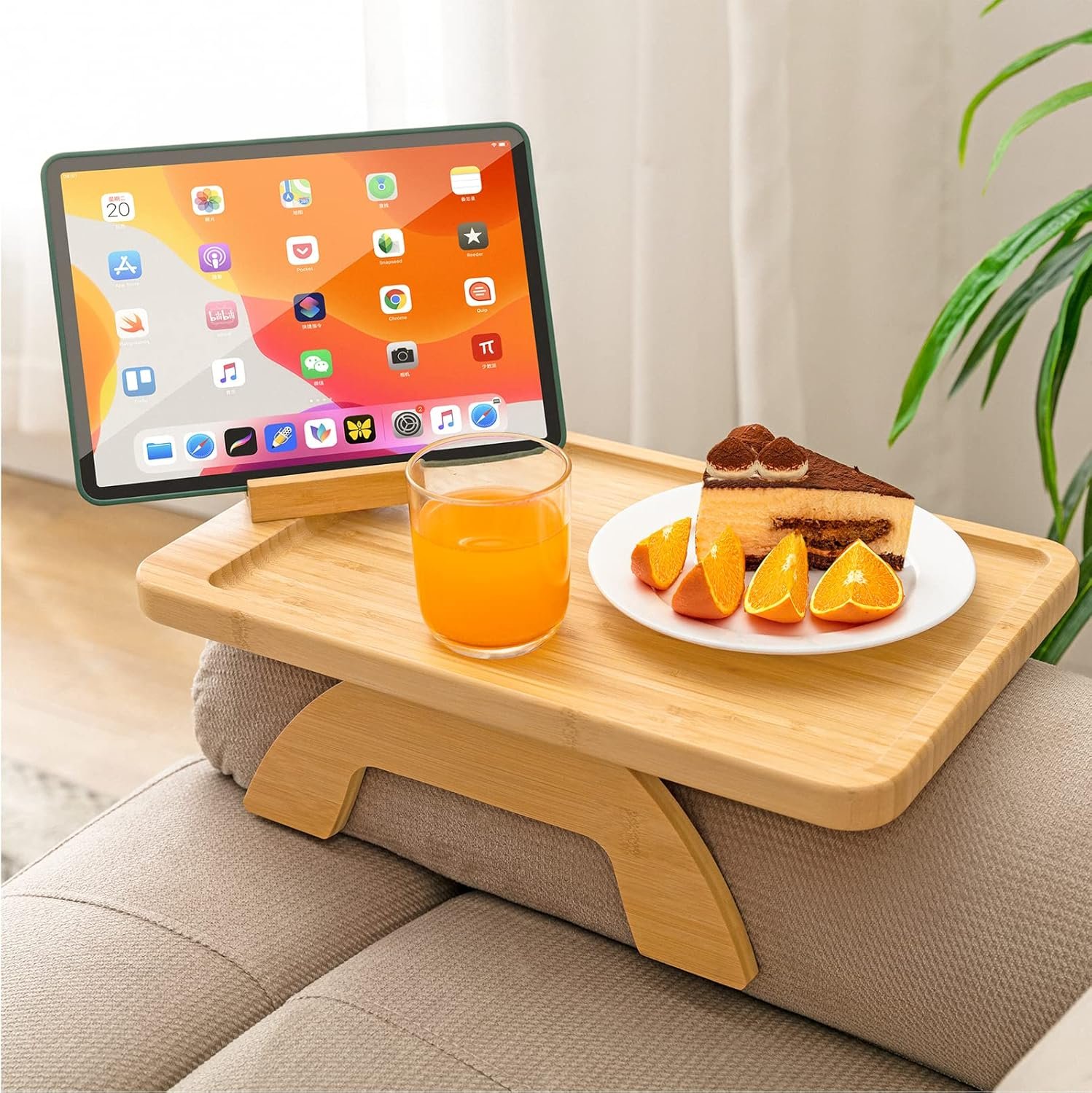 Bamboo Couch Arm Tray - Foldable Side Table with Phone Holder