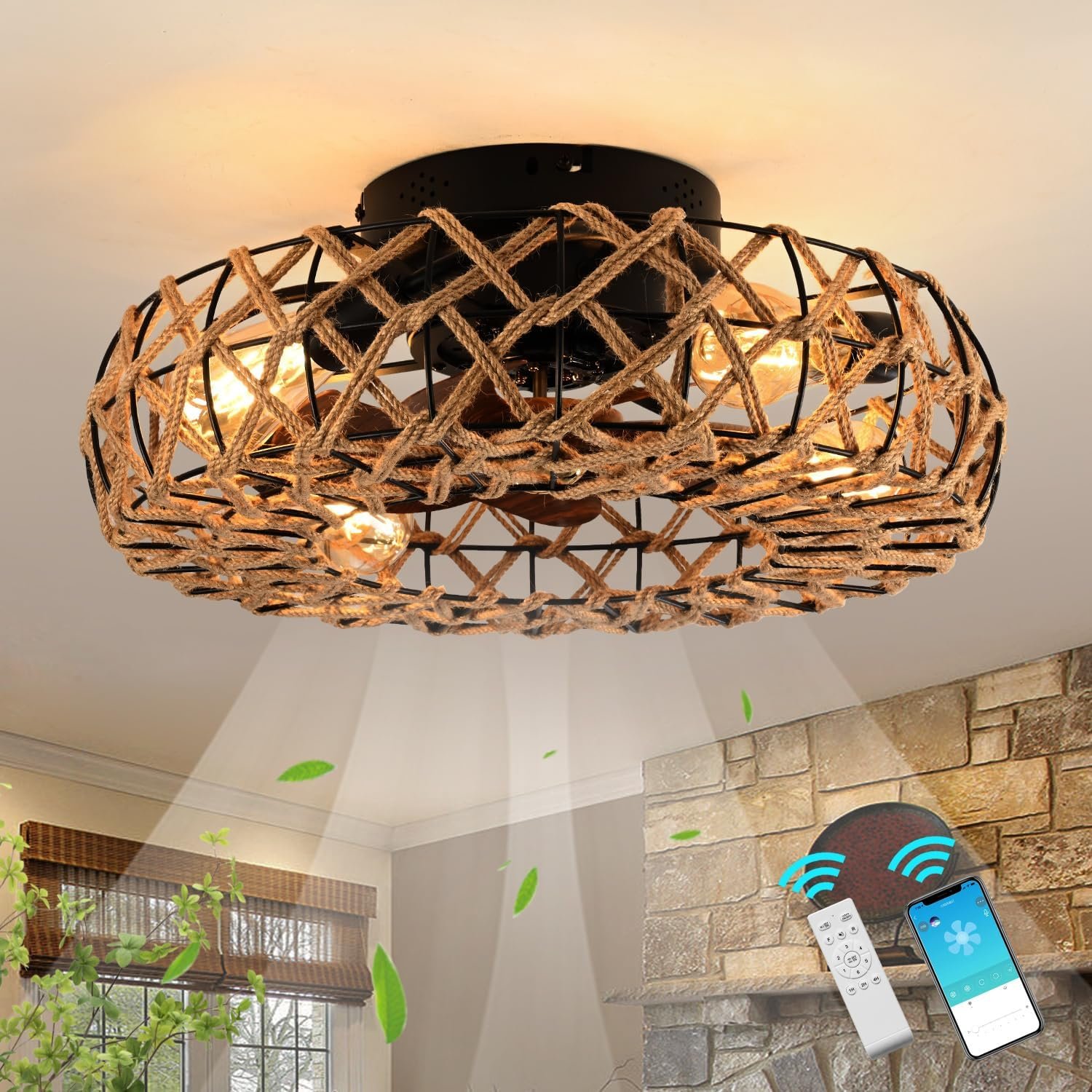 Bohemian Hemp Rope Ceiling Fan with 6-Speed Remote