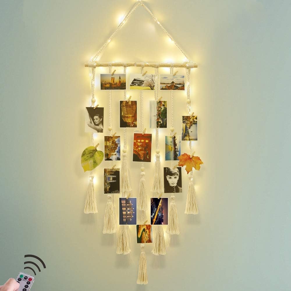 Boho Photo Display with Fairy Lights - Macrame Wall Hanging