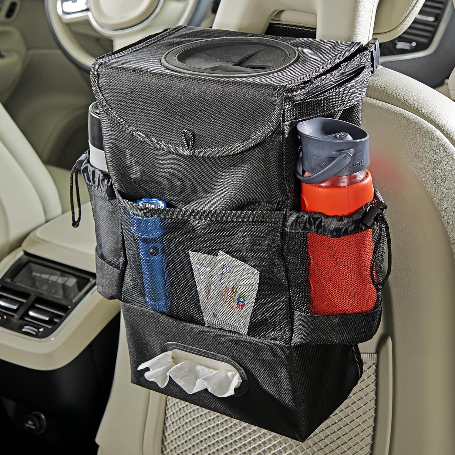 Car Trash Can Organizer - 3Gal Seatback Storage with Tissue Holder
