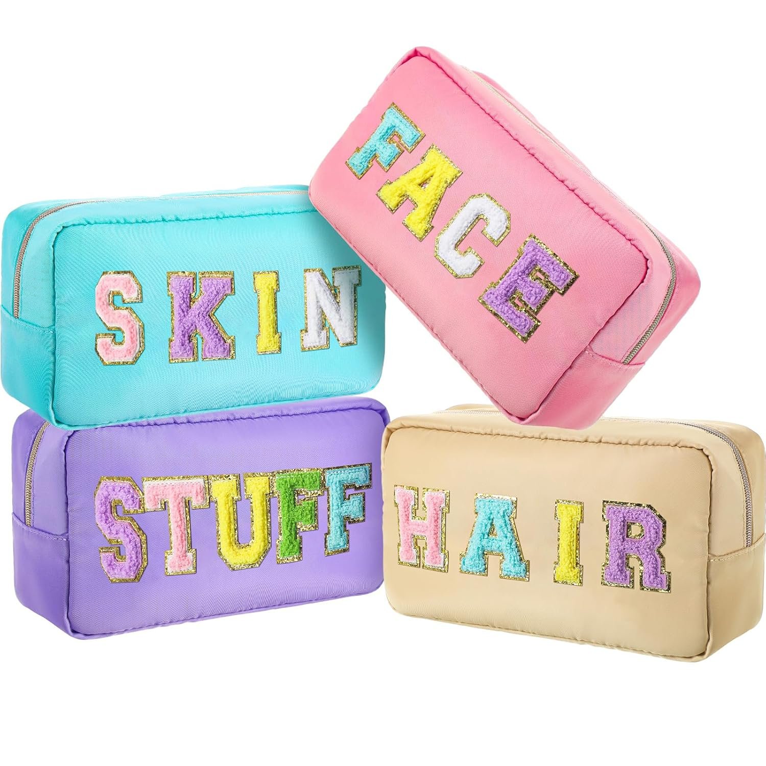 Chenille Letter Makeup Bags - 4 Piece Travel Organization Set