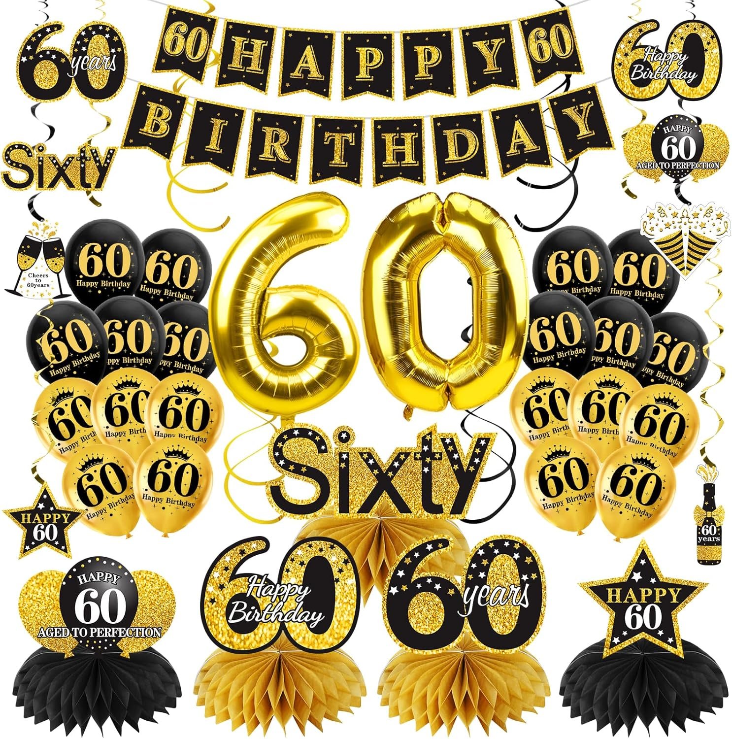 Complete Black Gold 60th Birthday Party Kit