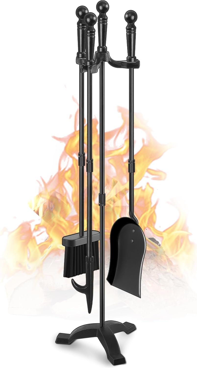 Complete 4-Piece Fireplace Tool Set with Stand