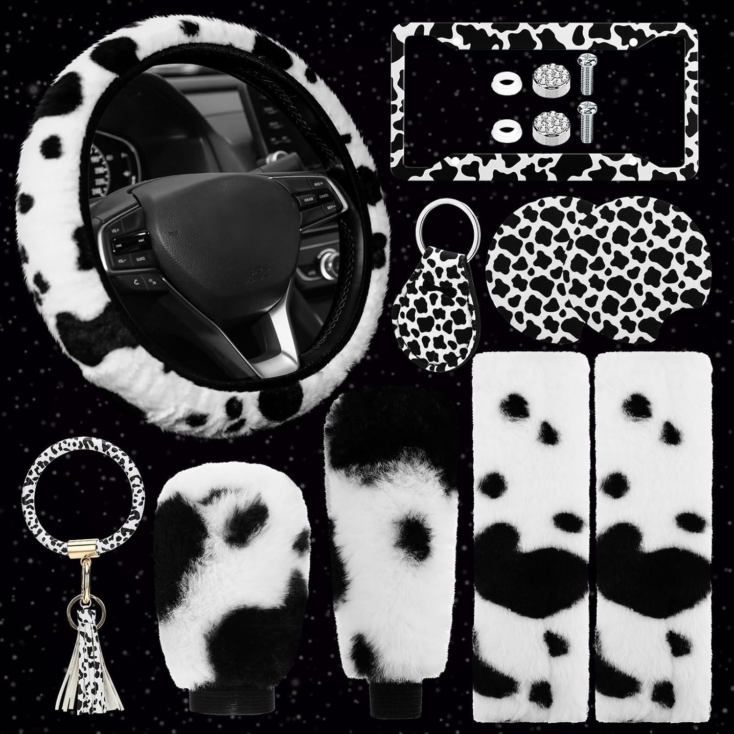 Cow Print Car Accessories Set - Complete Interior Makeover for Women