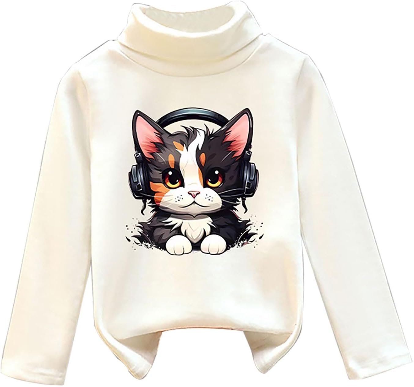 Cozy Cat Print Turtleneck for Teen Girls