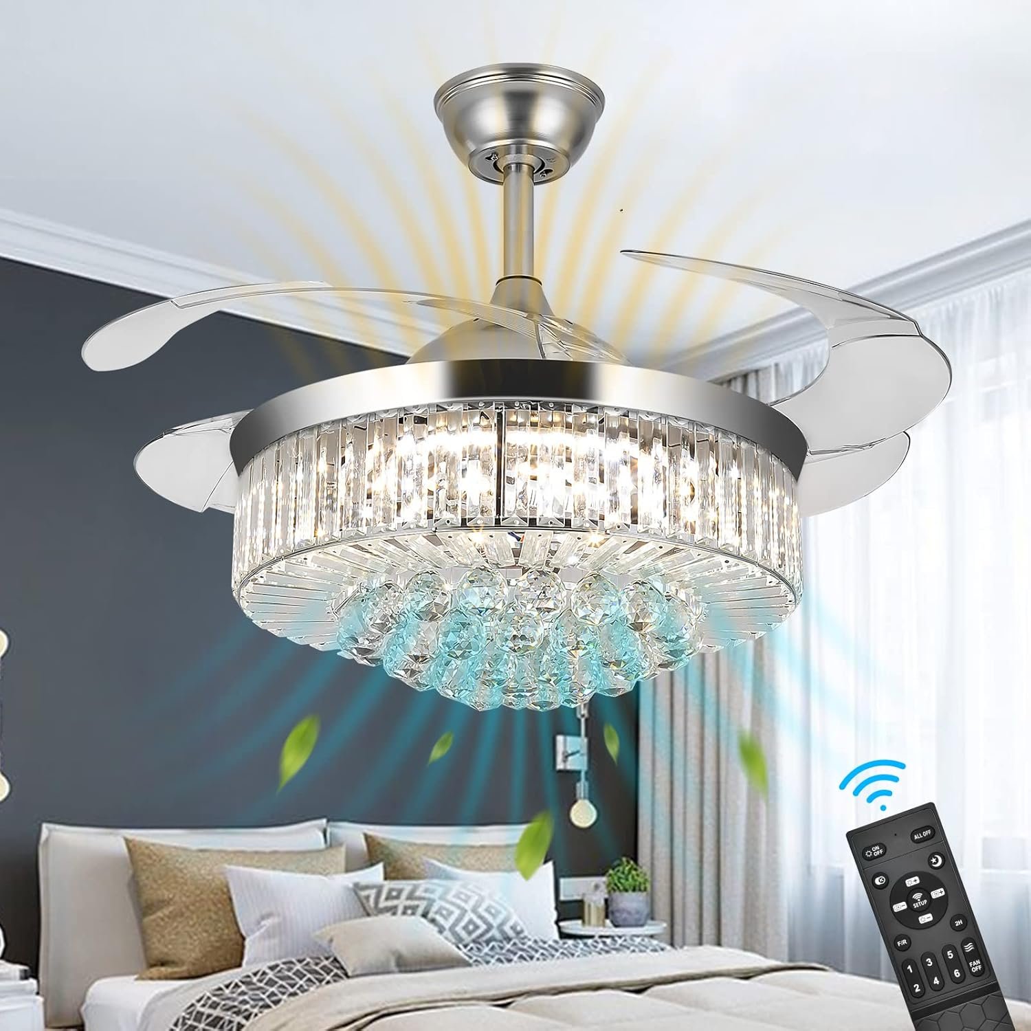 Crystal Ceiling Fan with Remote: 3 Speeds, 3 Colors, 42