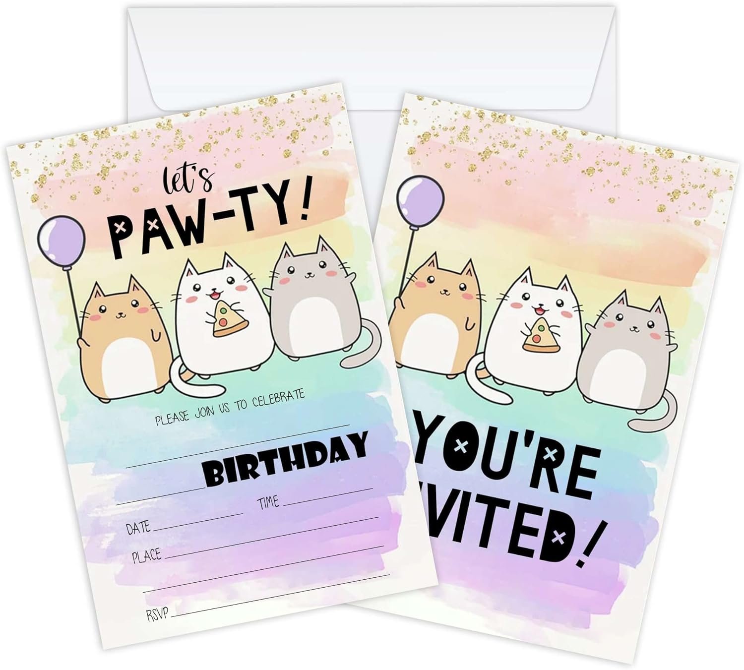 Cute Kitten Birthday Invitations with Envelopes - Set of 20