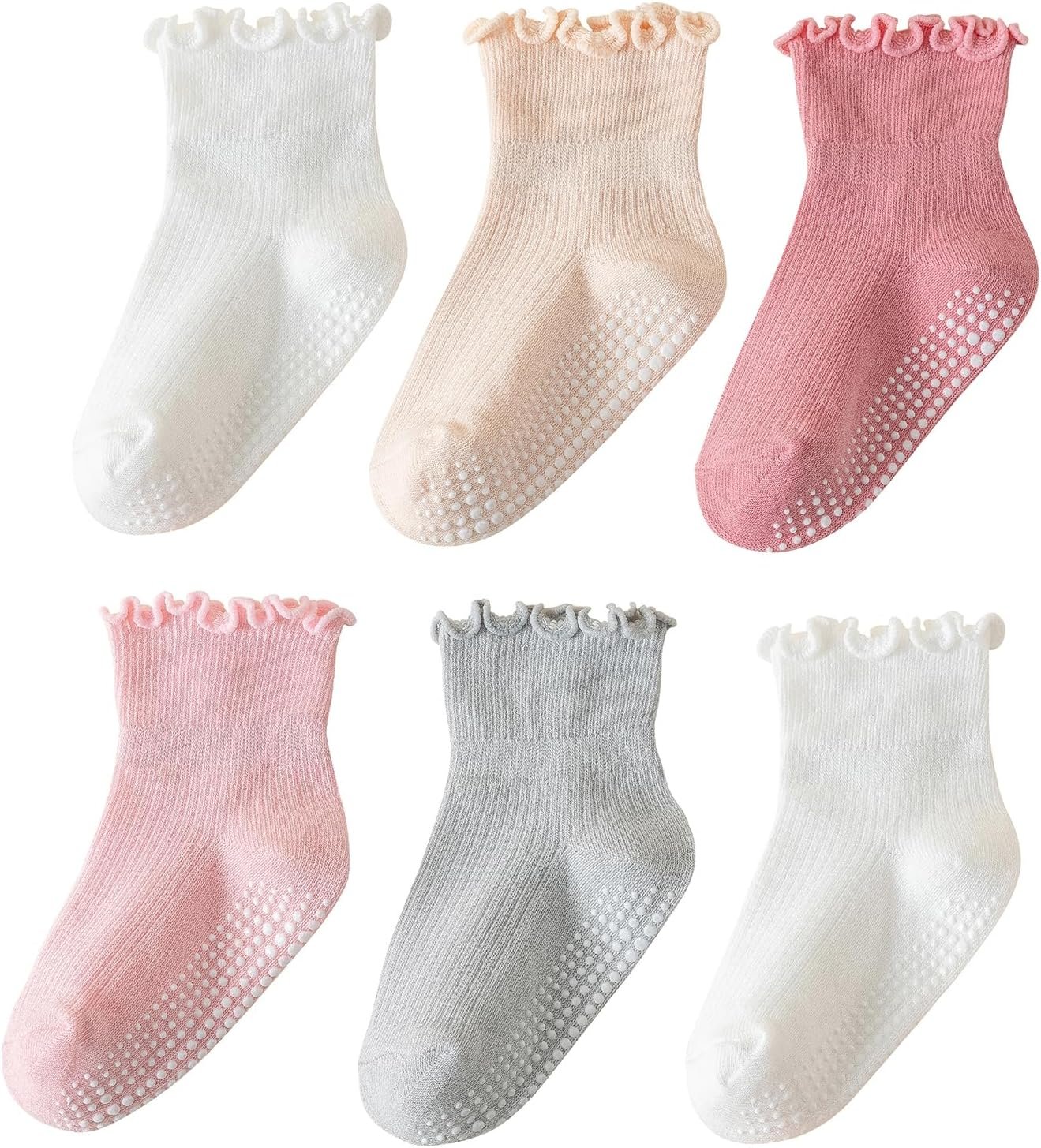 Cute Non-Slip Ruffle Grip Socks for Toddler Girls (6 Pack)