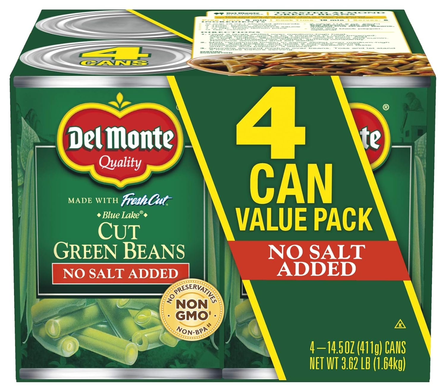 Del Monte No-Salt Green Beans - Fresh & Flavorful (Pack of 4)