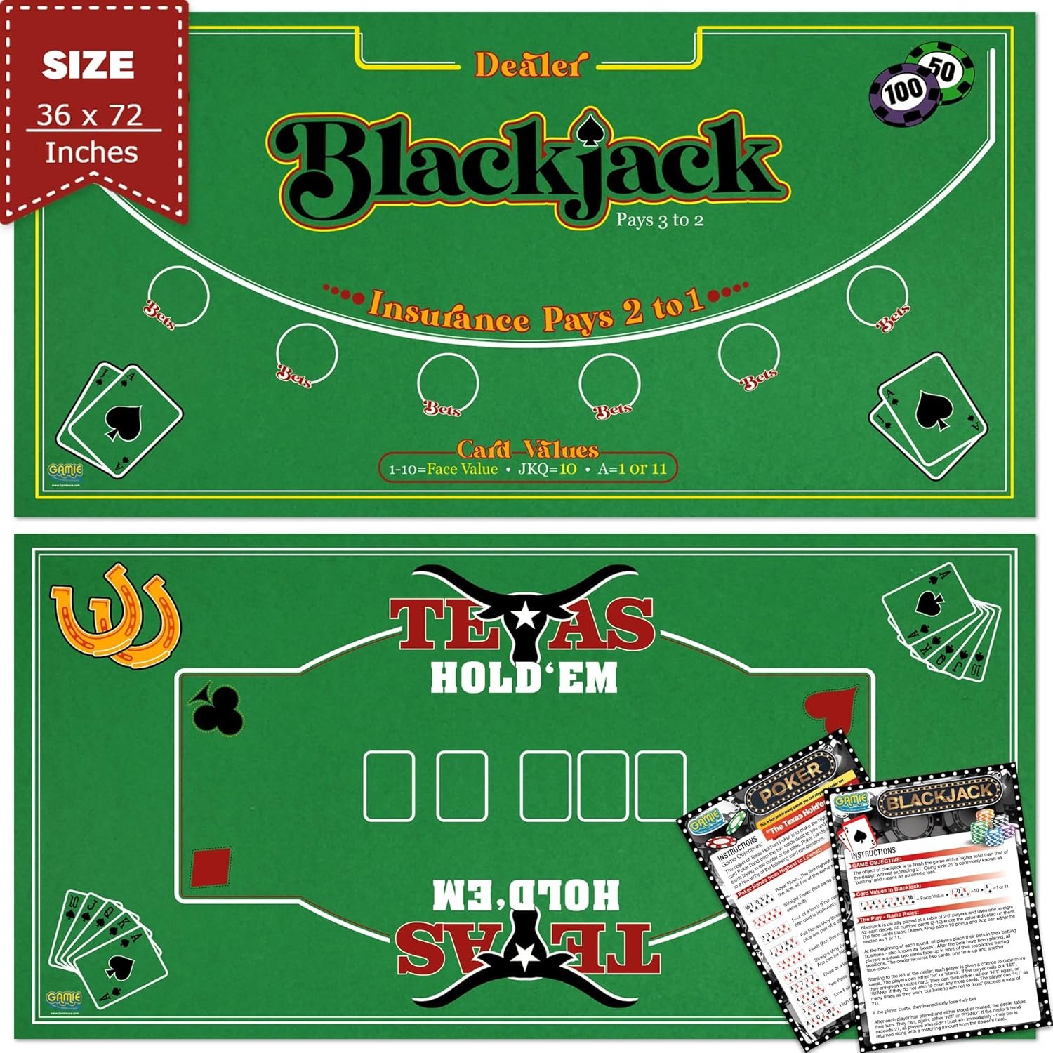 Double-Sided Casino Mat: Play Poker & Blackjack on One Mat
