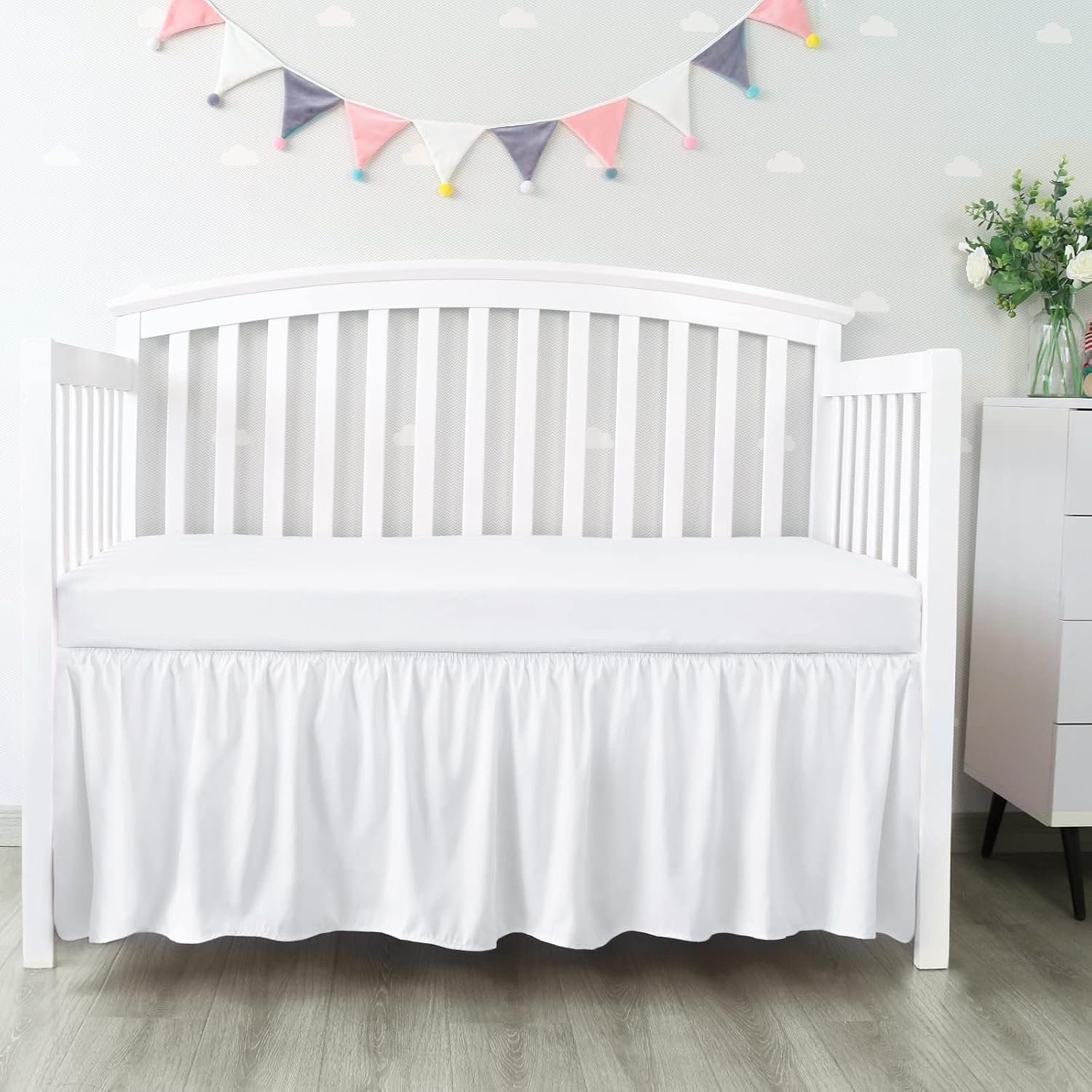 Easy-Fit White Crib Skirt with 14” Pleated Drop