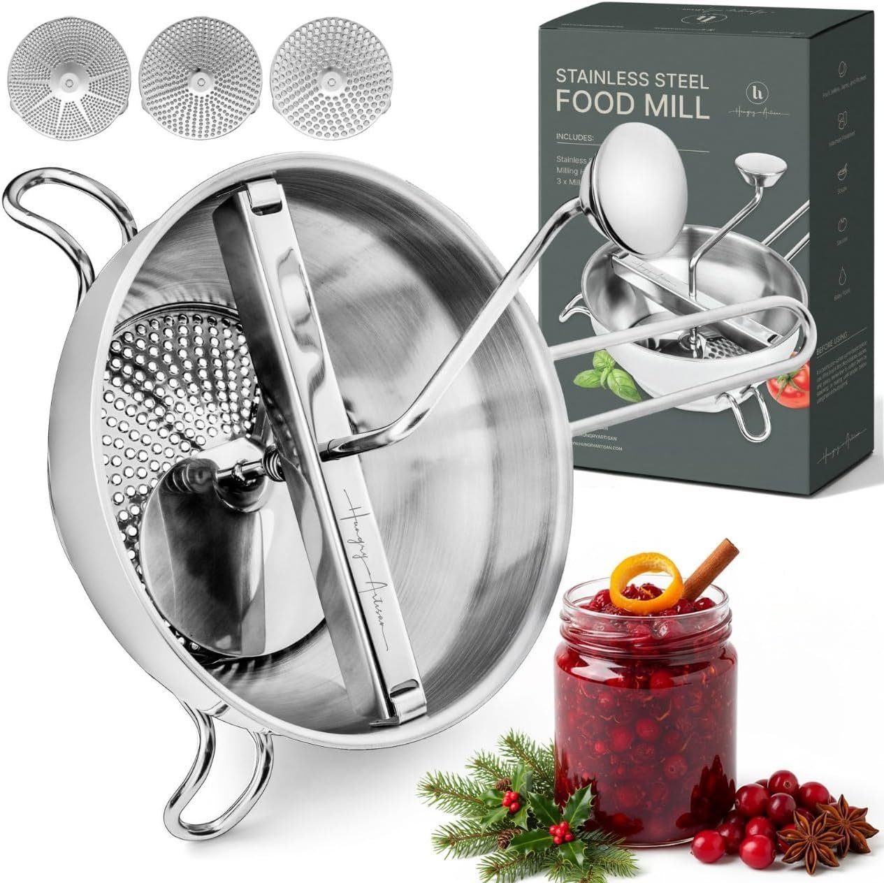 Effortless Food Mill: 3 Discs for Perfect Sauces & Purees