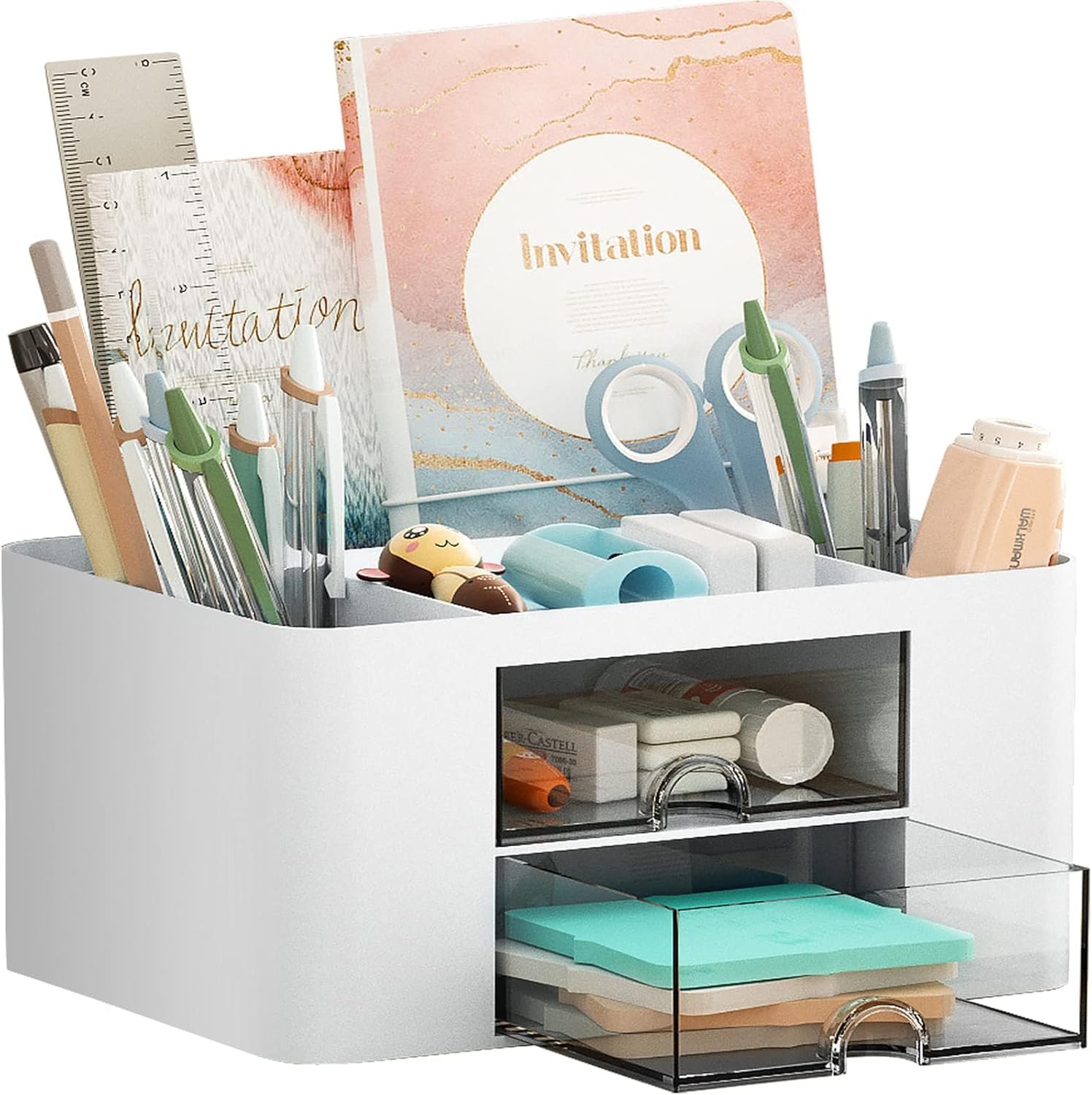 Elegant White Pen Organizer with 2 Drawers