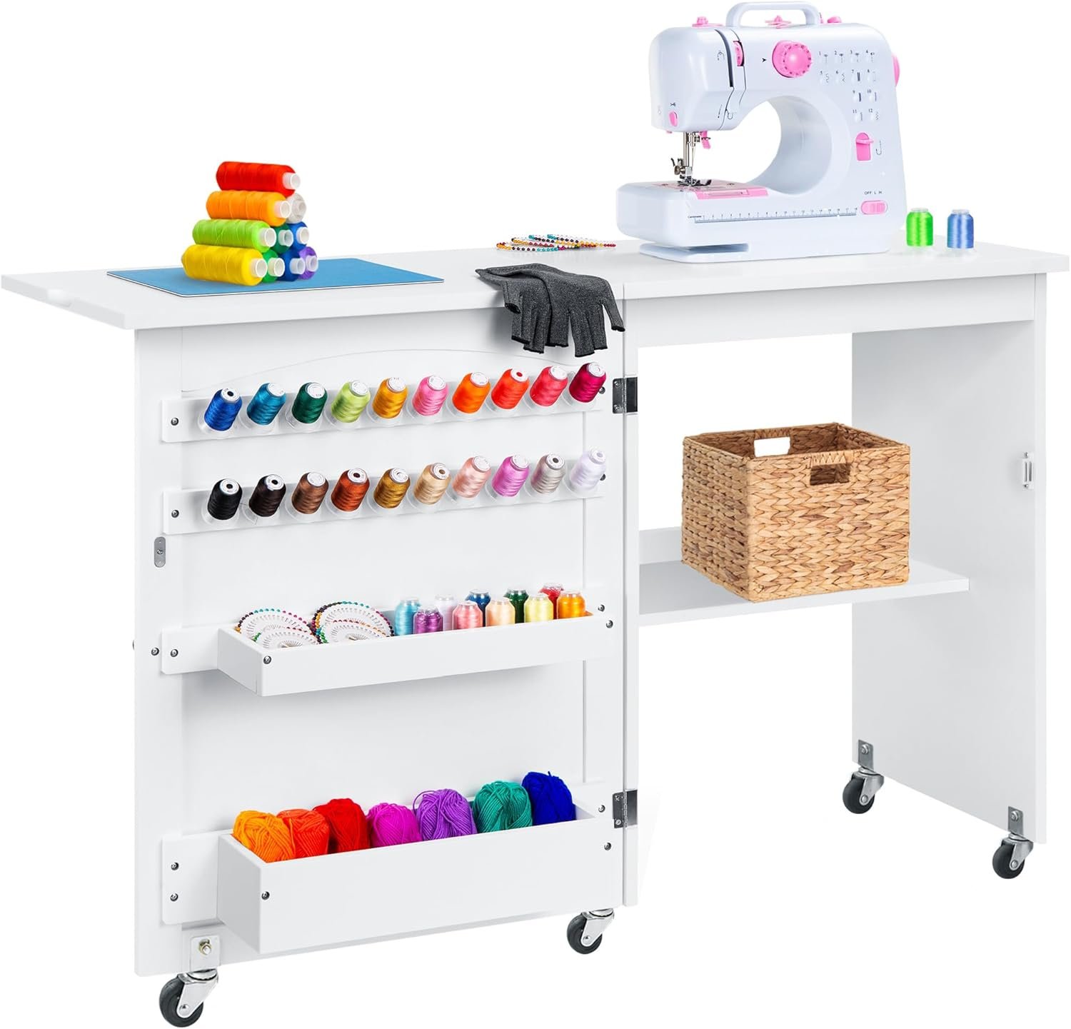 Folding Sewing Table with Storage & Wheels