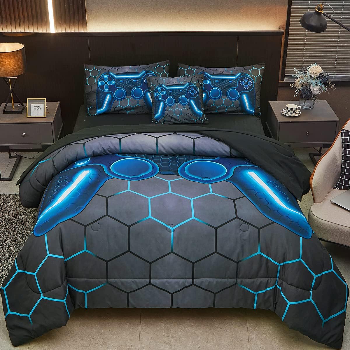 Game Console Blue Bedding Set - 6 Piece Gamer Comforter for Kids