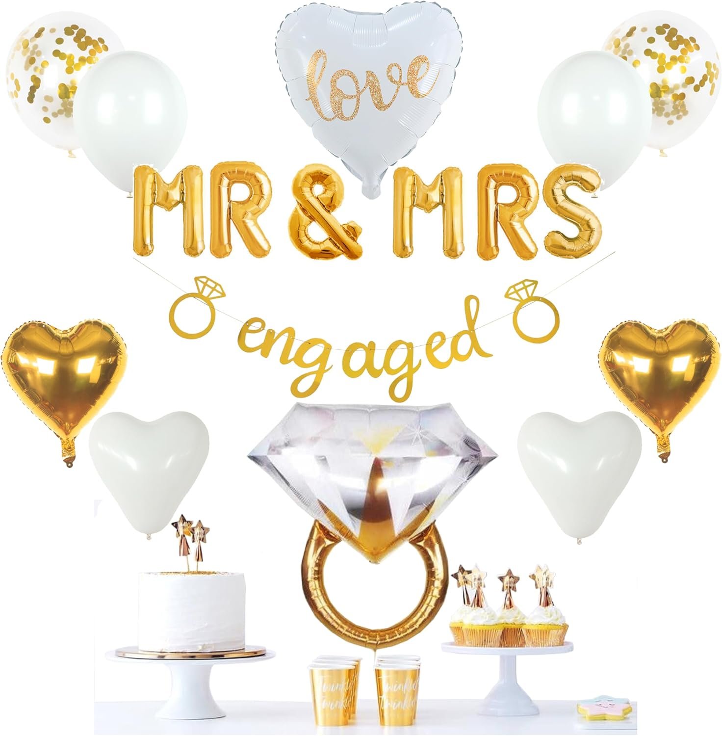 Gold Engagement Party Decor Kit - Mr & Mrs Balloons & Banner