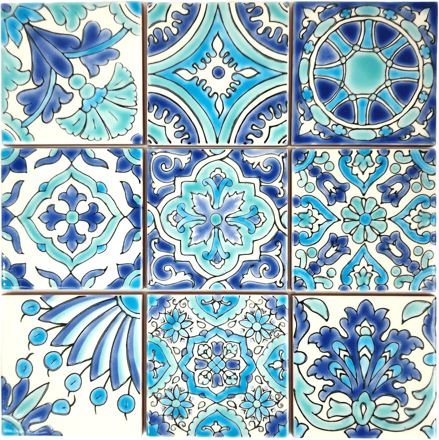 Hand-Painted Mediterranean Tile Set - 9 Artisan Tiles