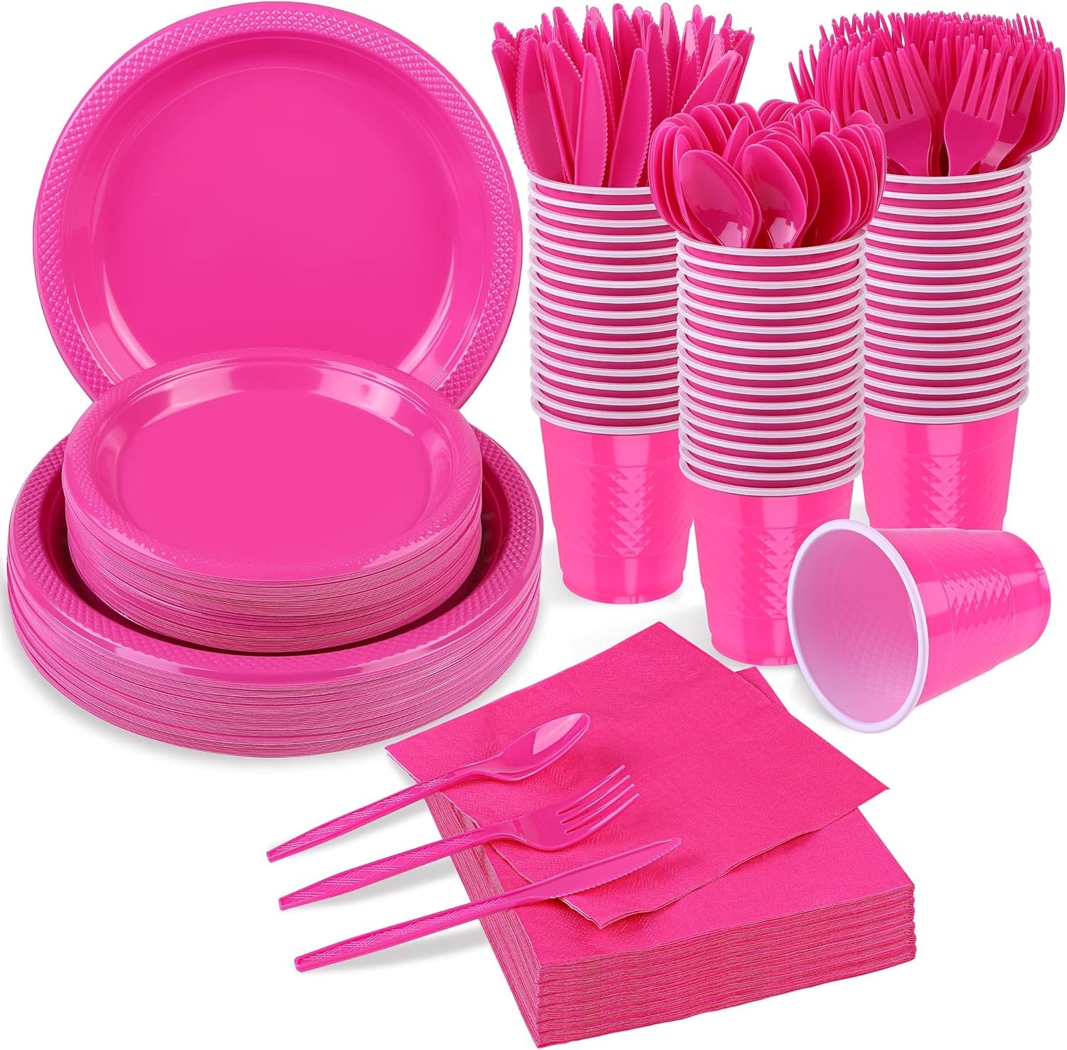 Complete Hot Pink Tableware Set - Everything for 50 Guests in One Box