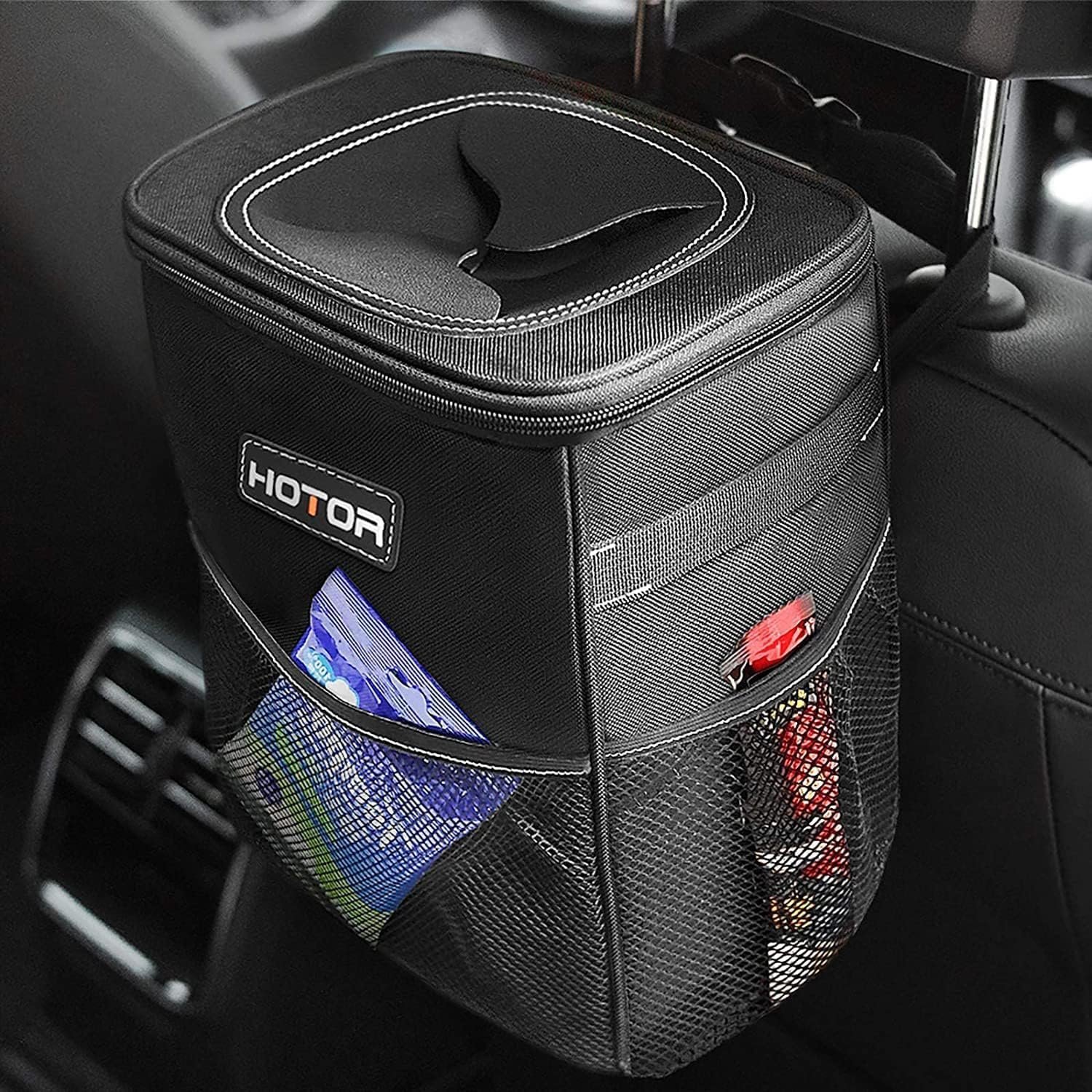 HOTOR Leak-Proof Car Trash Can with Storage Pockets