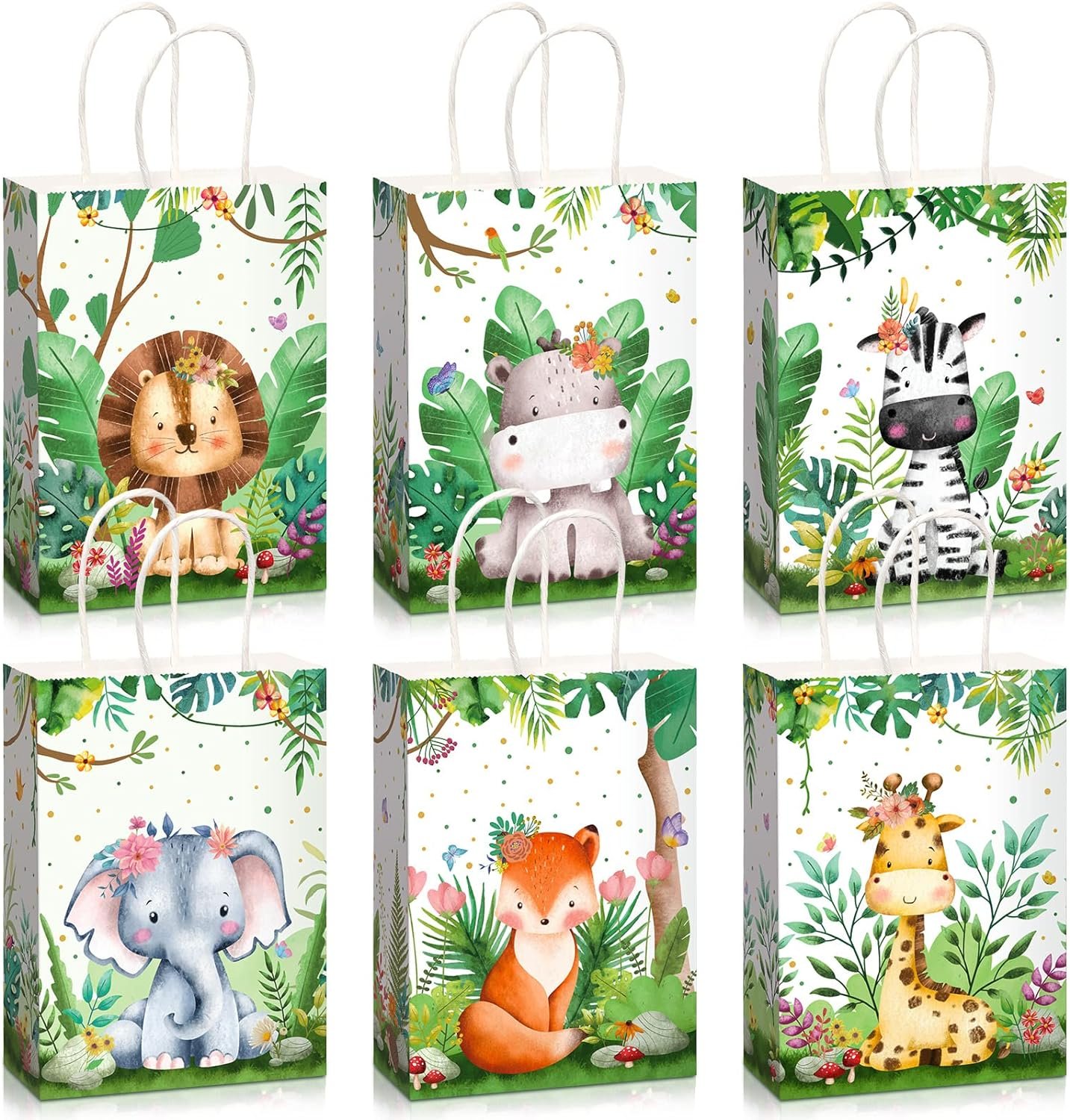Jungle Animal Safari Gift Bags - 18 Pack with Handles