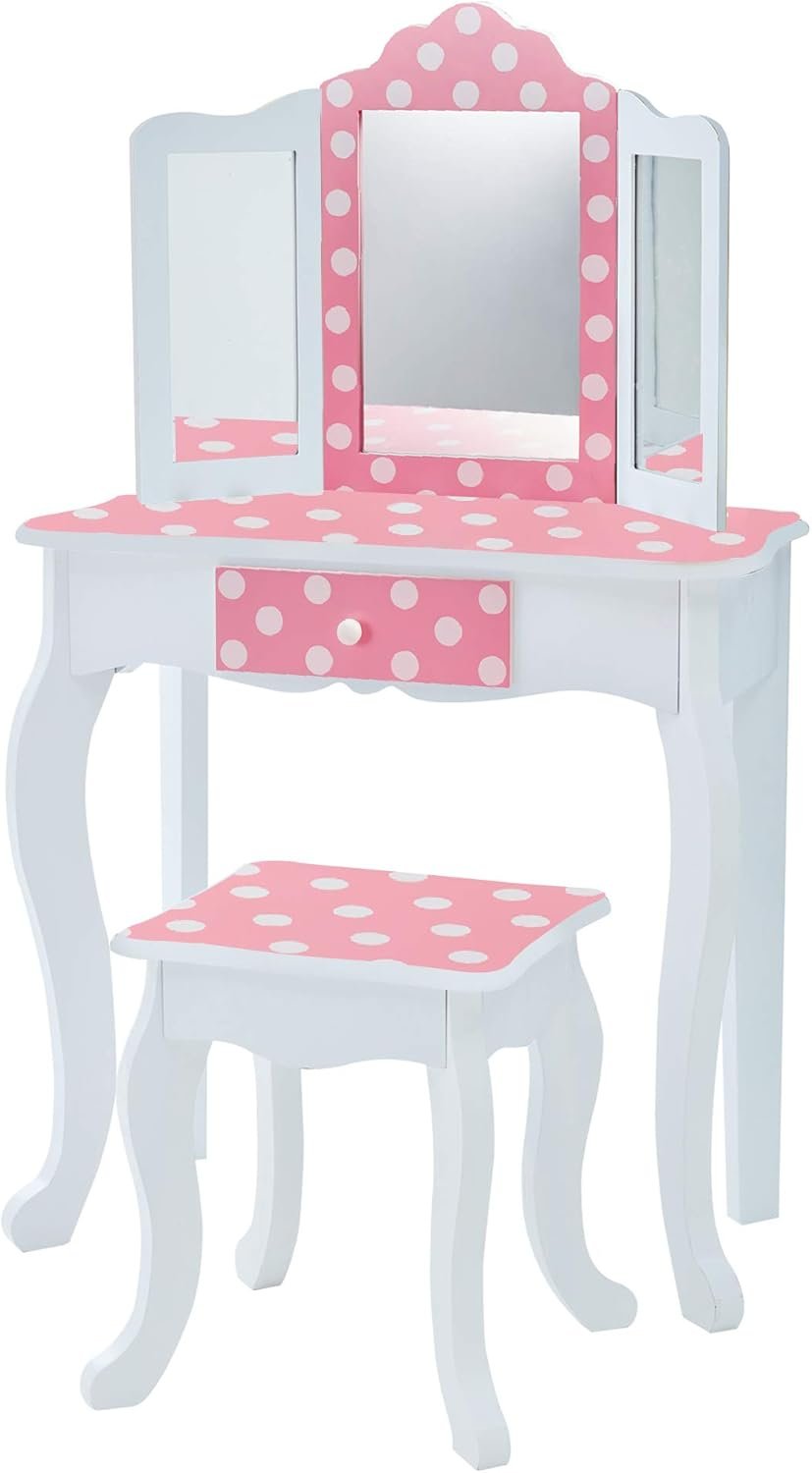 Kids Wooden Vanity Set with Tri-Fold Mirror & Storage