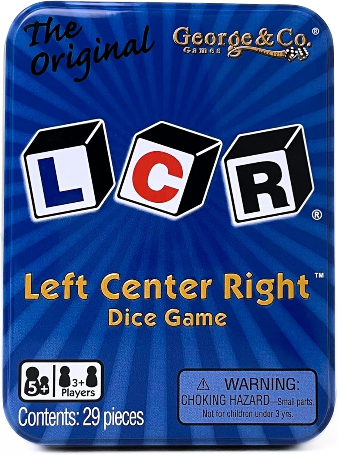 Exciting LCR® Left Center Right™ Dice Game in Blue Tin