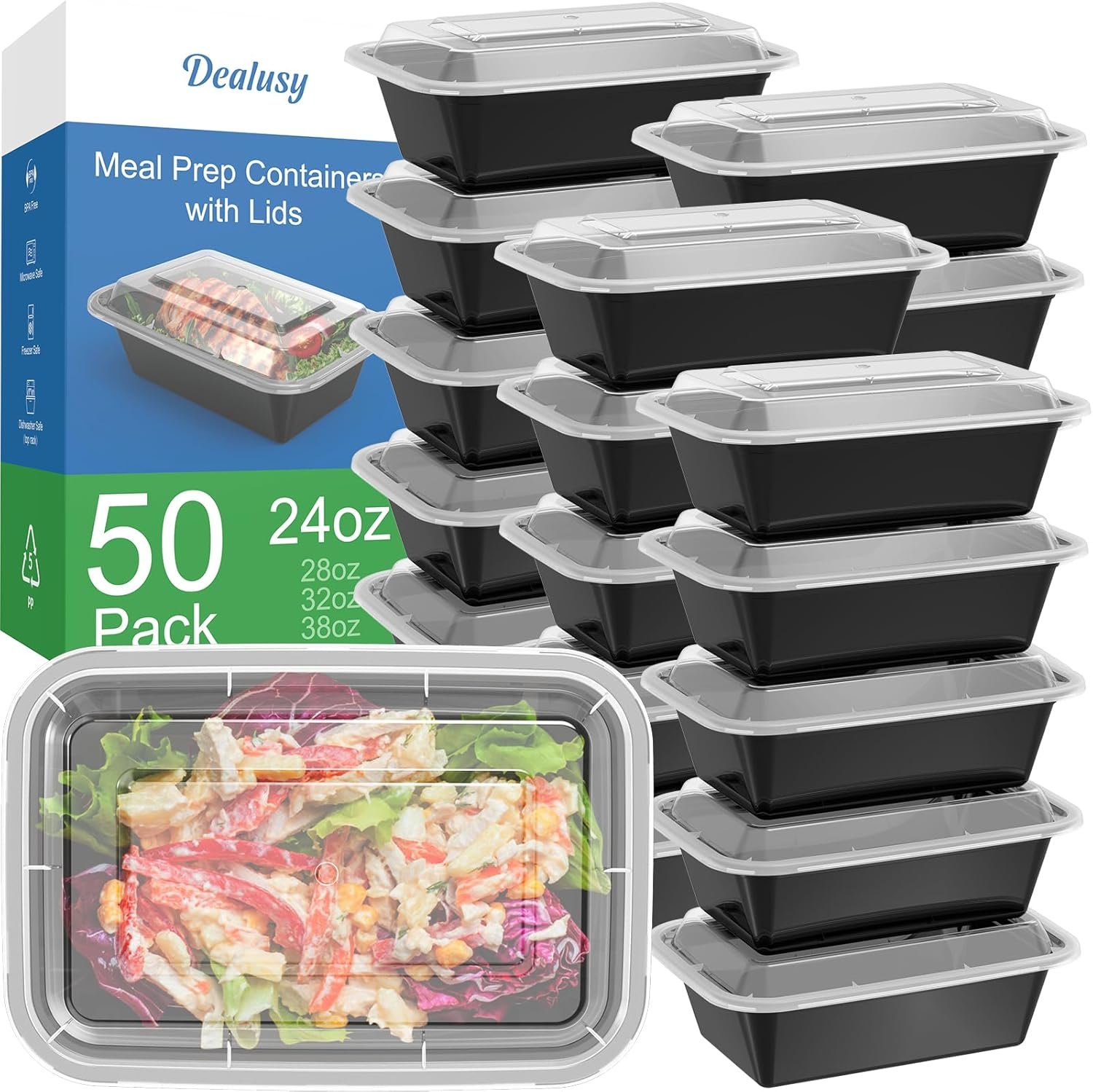 Leakproof 24oz Meal Prep Containers - 50 Pack