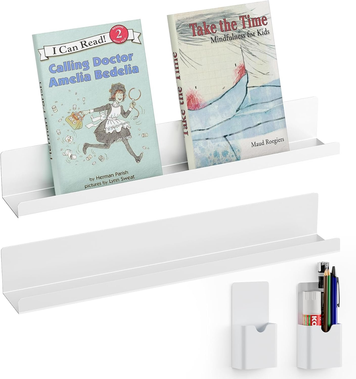 Magnetic Book Shelves 2-Pack: Stick-On Storage with Pen Slots