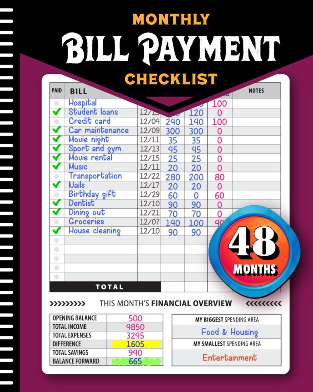 Monthly Bill Tracker Notebook for Financial Success