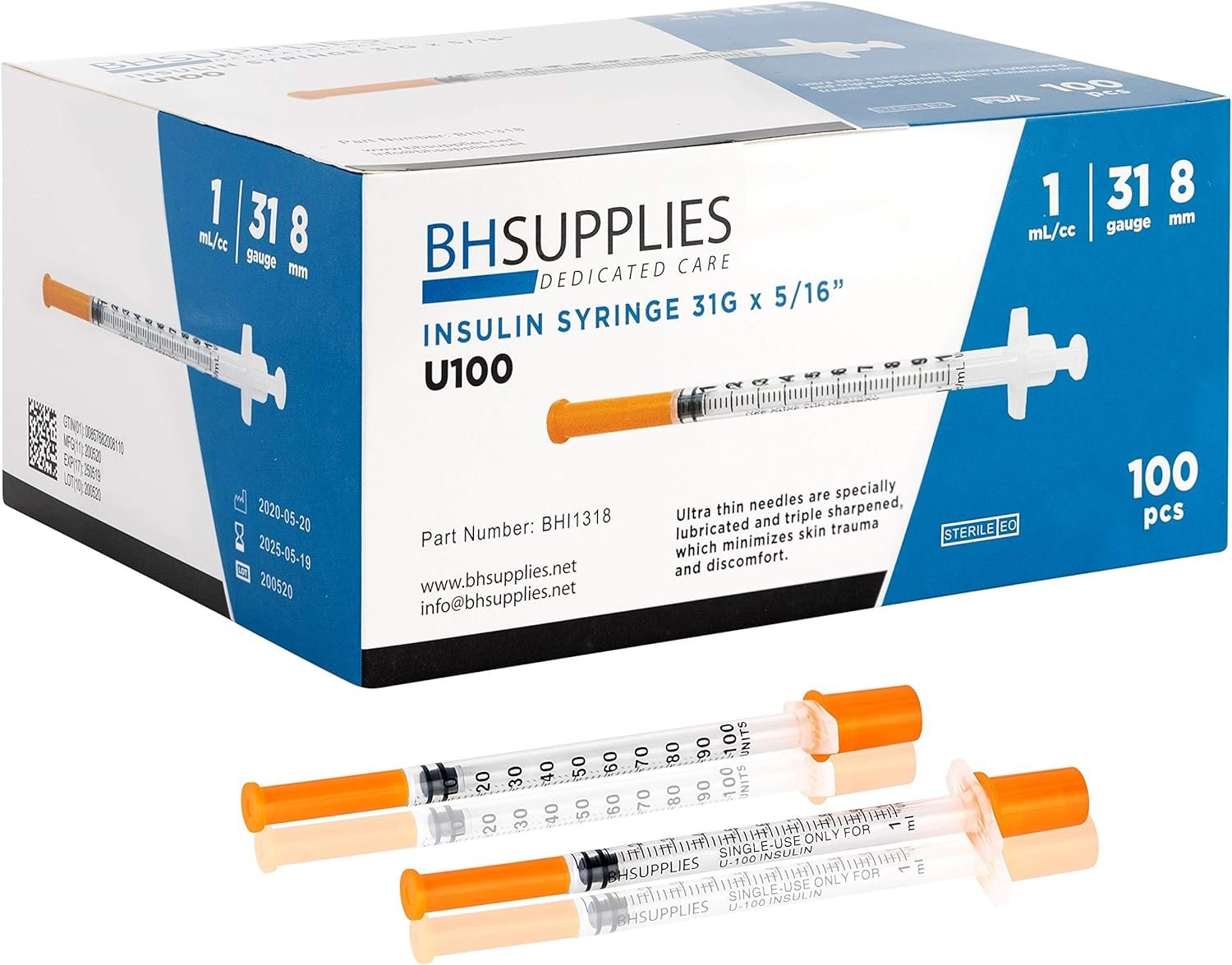 Precision Insulin Syringes 31G Ultra-Fine Needles - 100 Pack