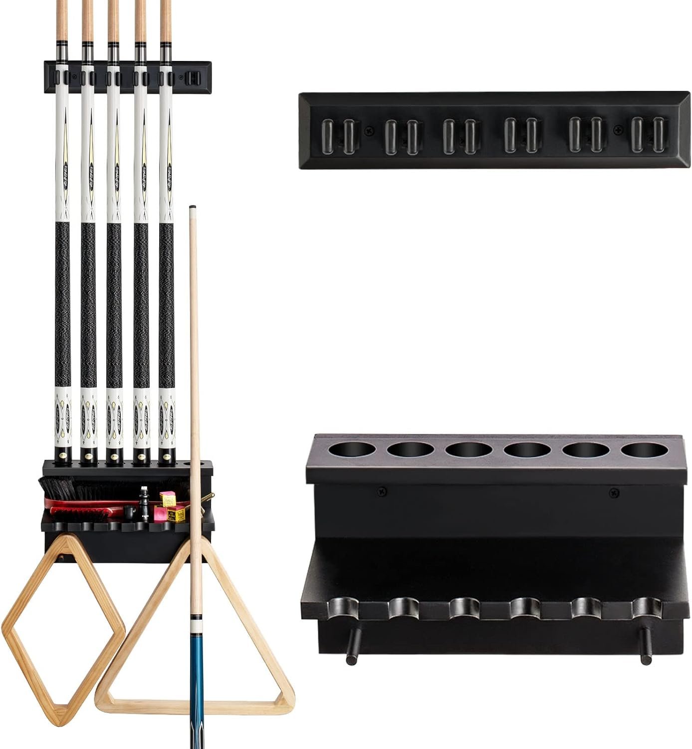Premium Oak Pool Cue Wall Rack - 6 Cue Storage Organizer