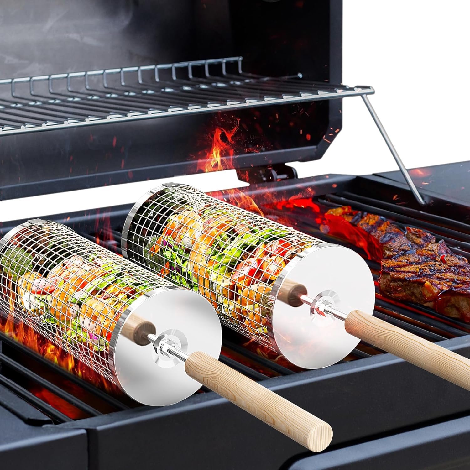 Rolling Grill Basket with Removable Handle