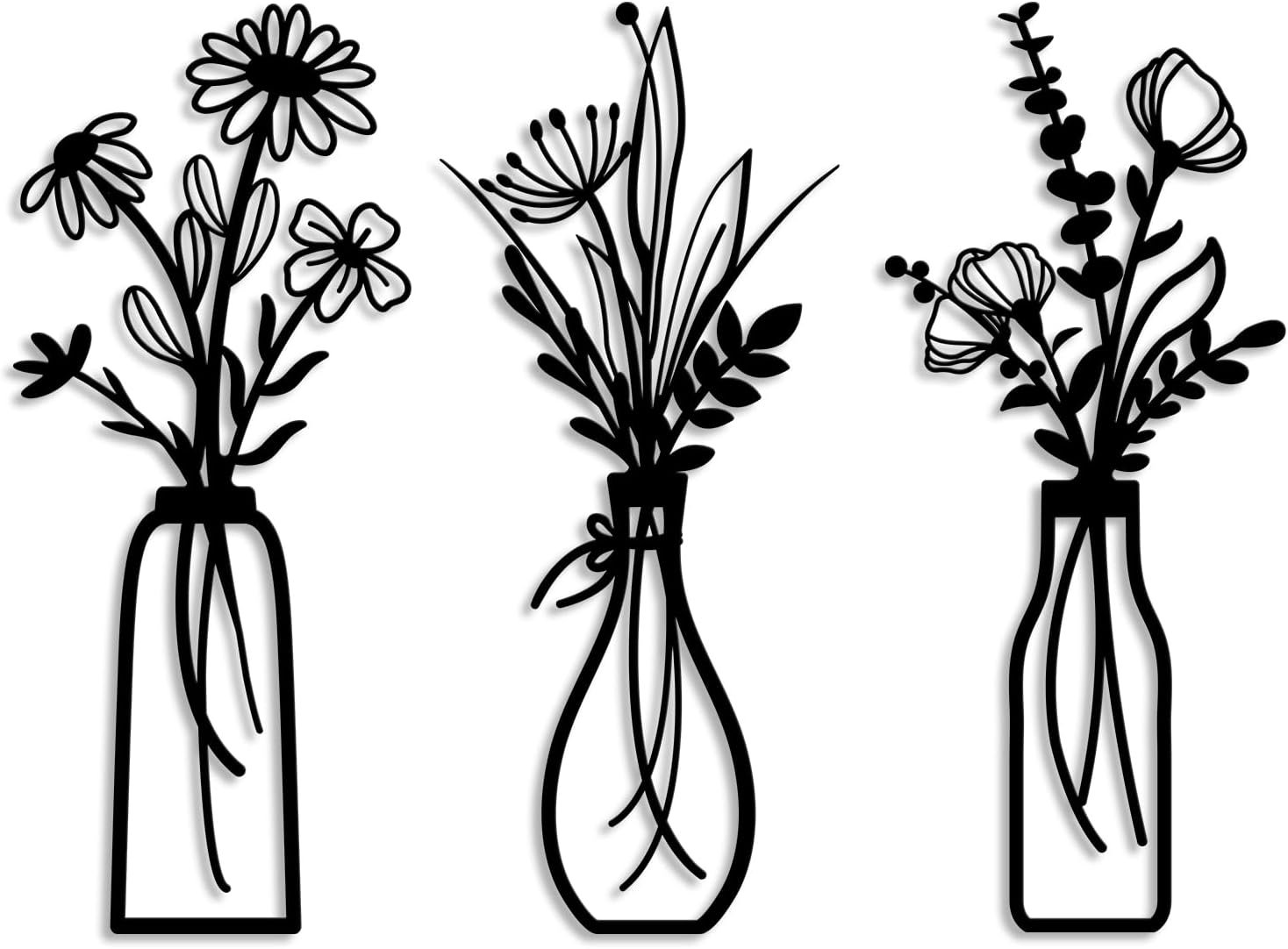 Rustic Black Metal Flower Wall Art Trio for Farmhouse Charm