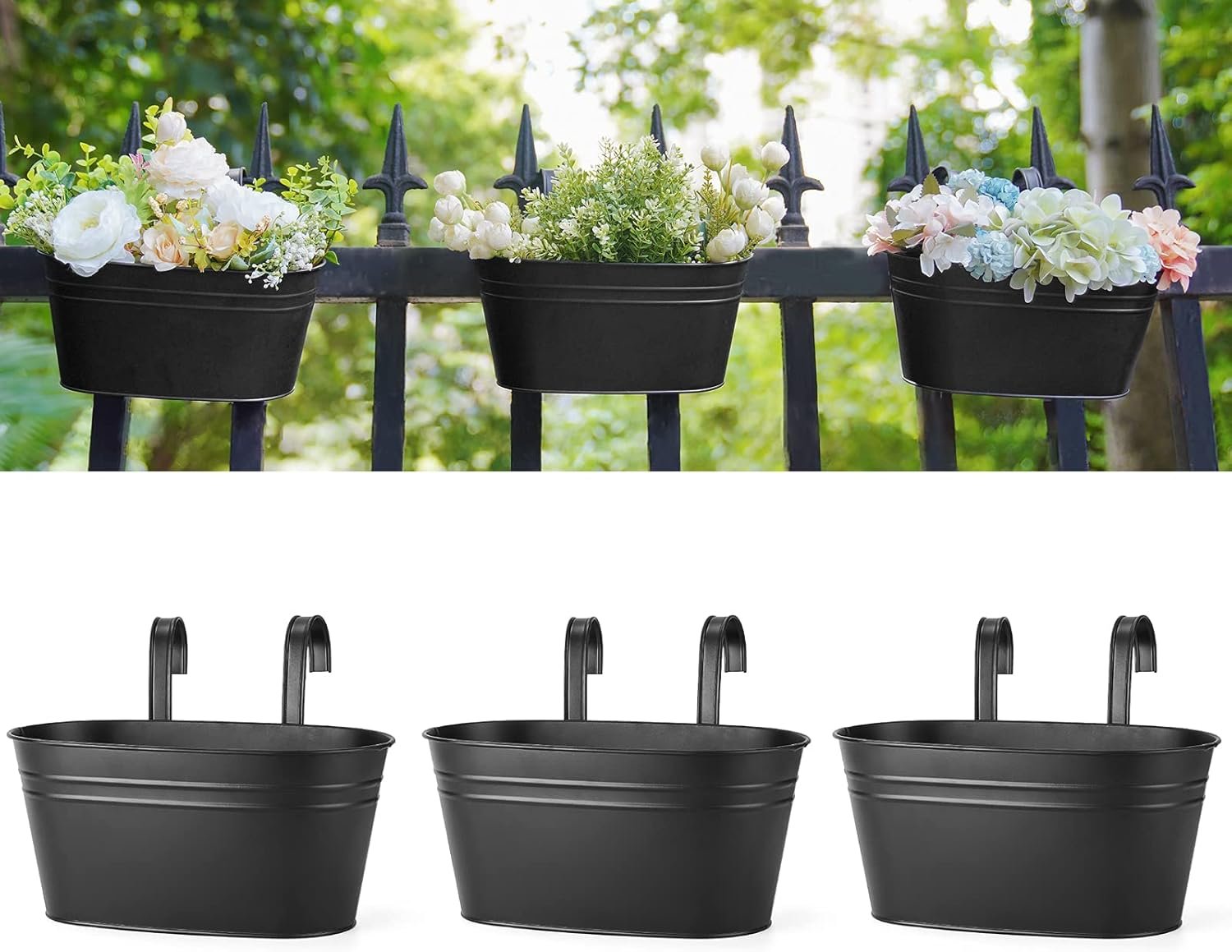 Rustic Black Metal Hanging Flower Pots for Railings - 3 Pack