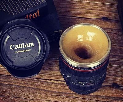 Self-Stirring Camera Lens Mug
