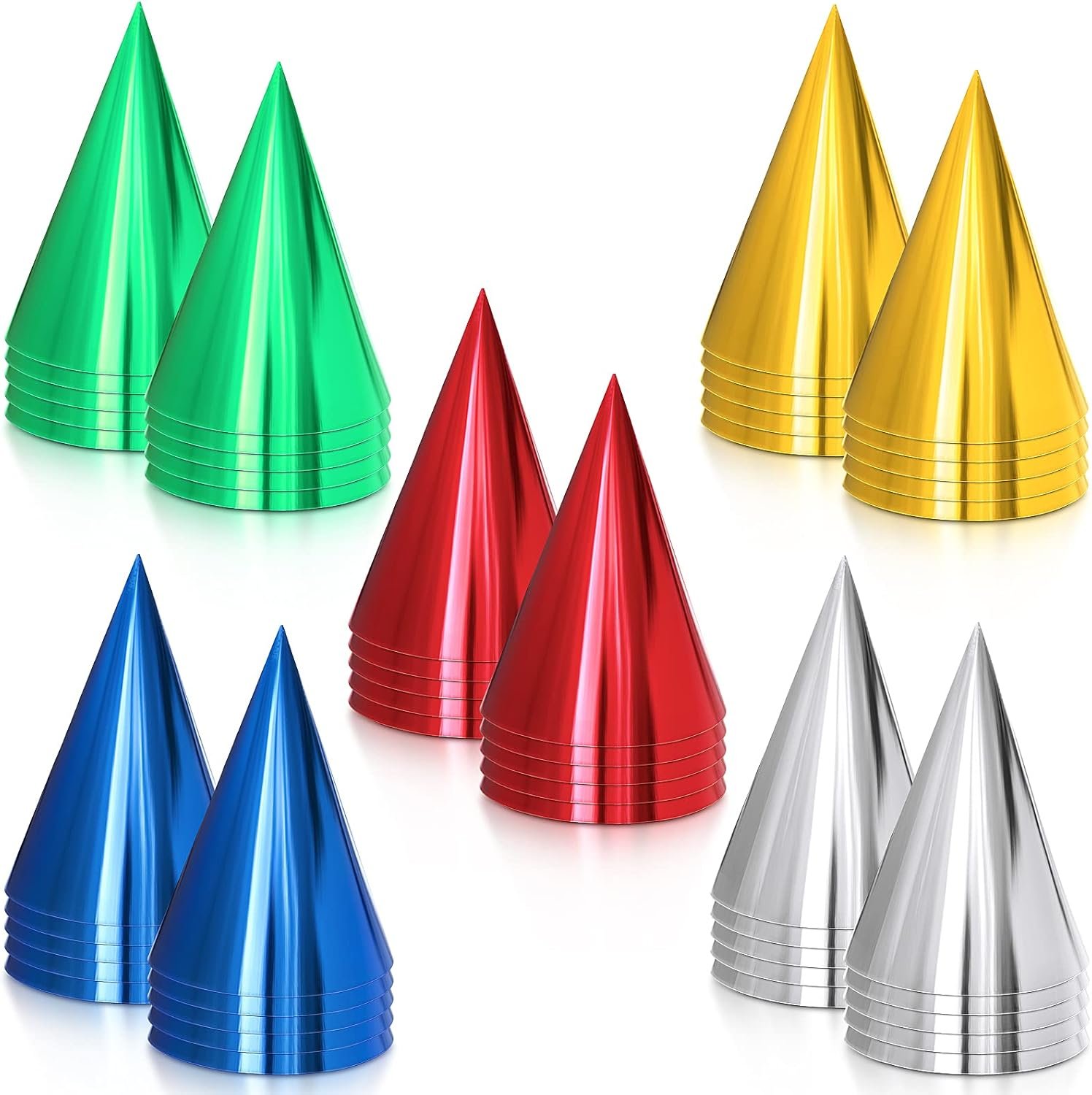 Shiny Metallic Birthday Party Hats - 50 Colorful Cone Hats