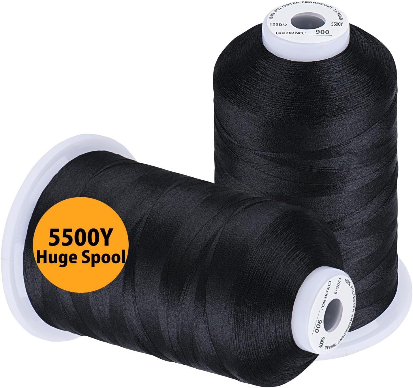 Premium Black Embroidery Thread: 2 Spools, 5500 Yards Each