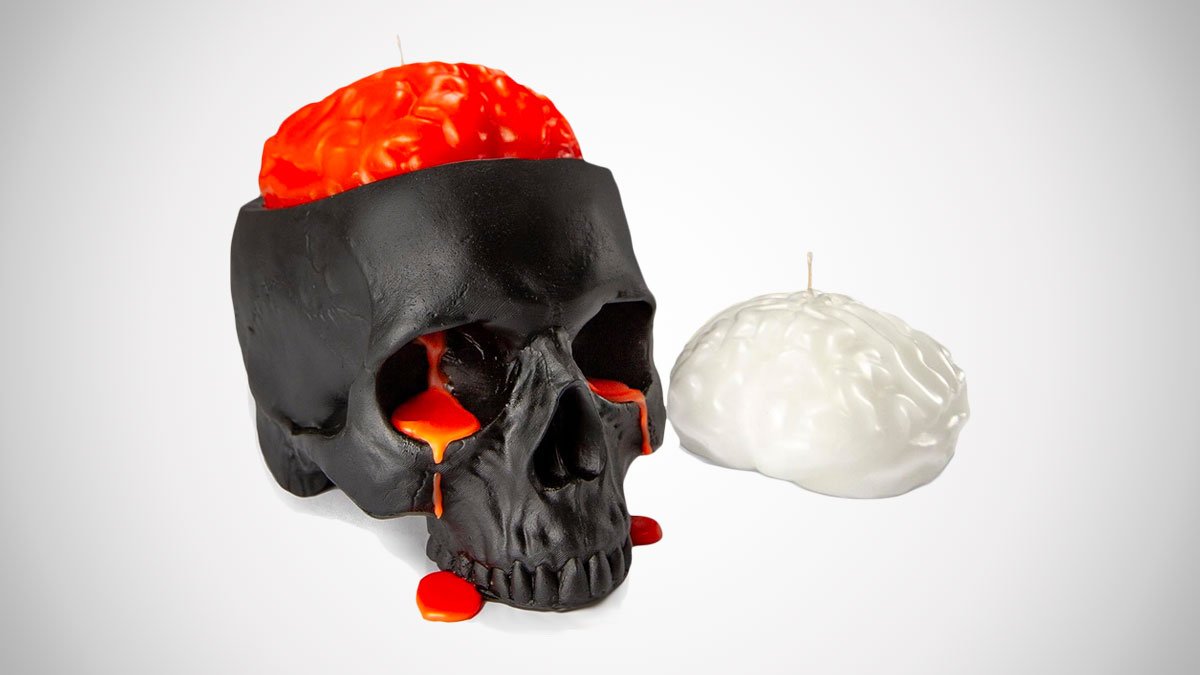 Skull Candle Holder with Bleeding Brain Candle
