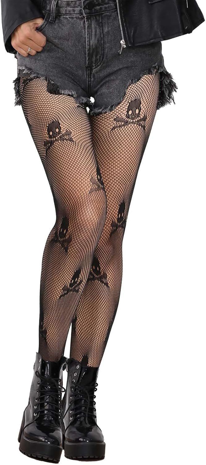 Skull-Print Fishnet Tights for Edgy Halloween Glam